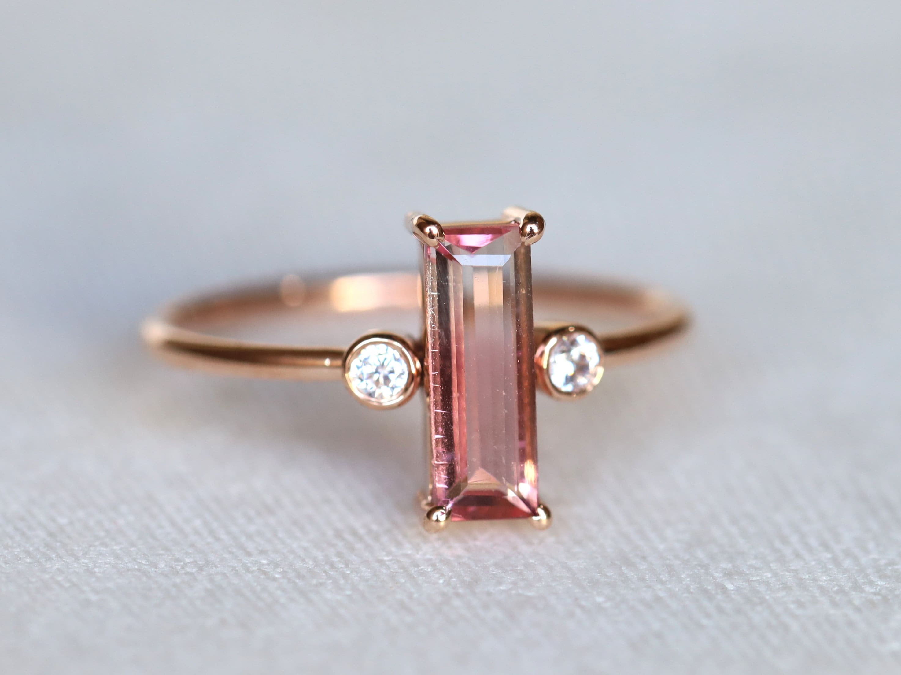 Watermelon Tourmaline Ring | Tourmaline Baguette | Tourmaline & Diamond Engagement -