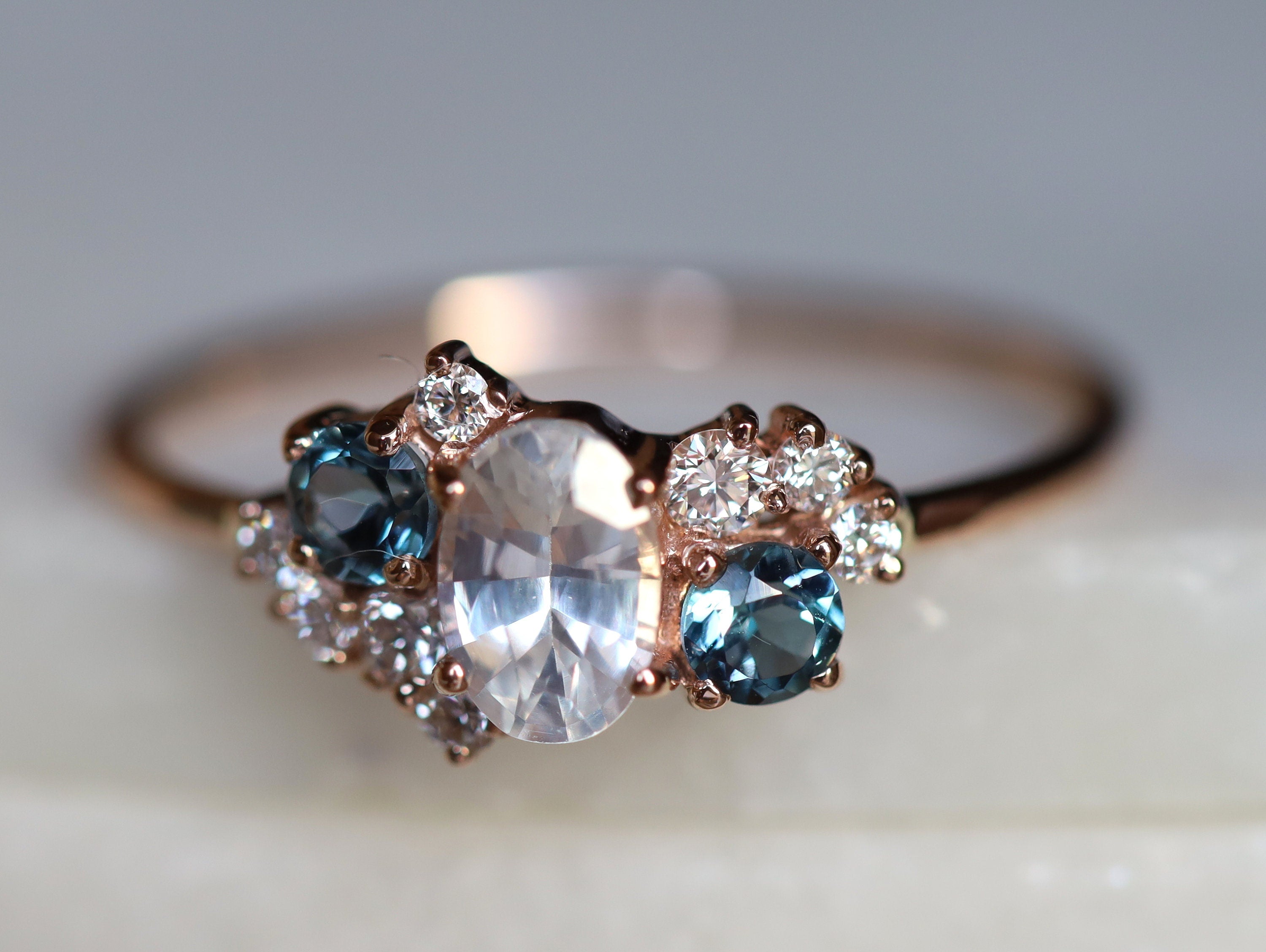 Sapphire Cluster Engagement Ring | White Sapphire Diamond Cluster Ring | Topaz Cluster Ring -