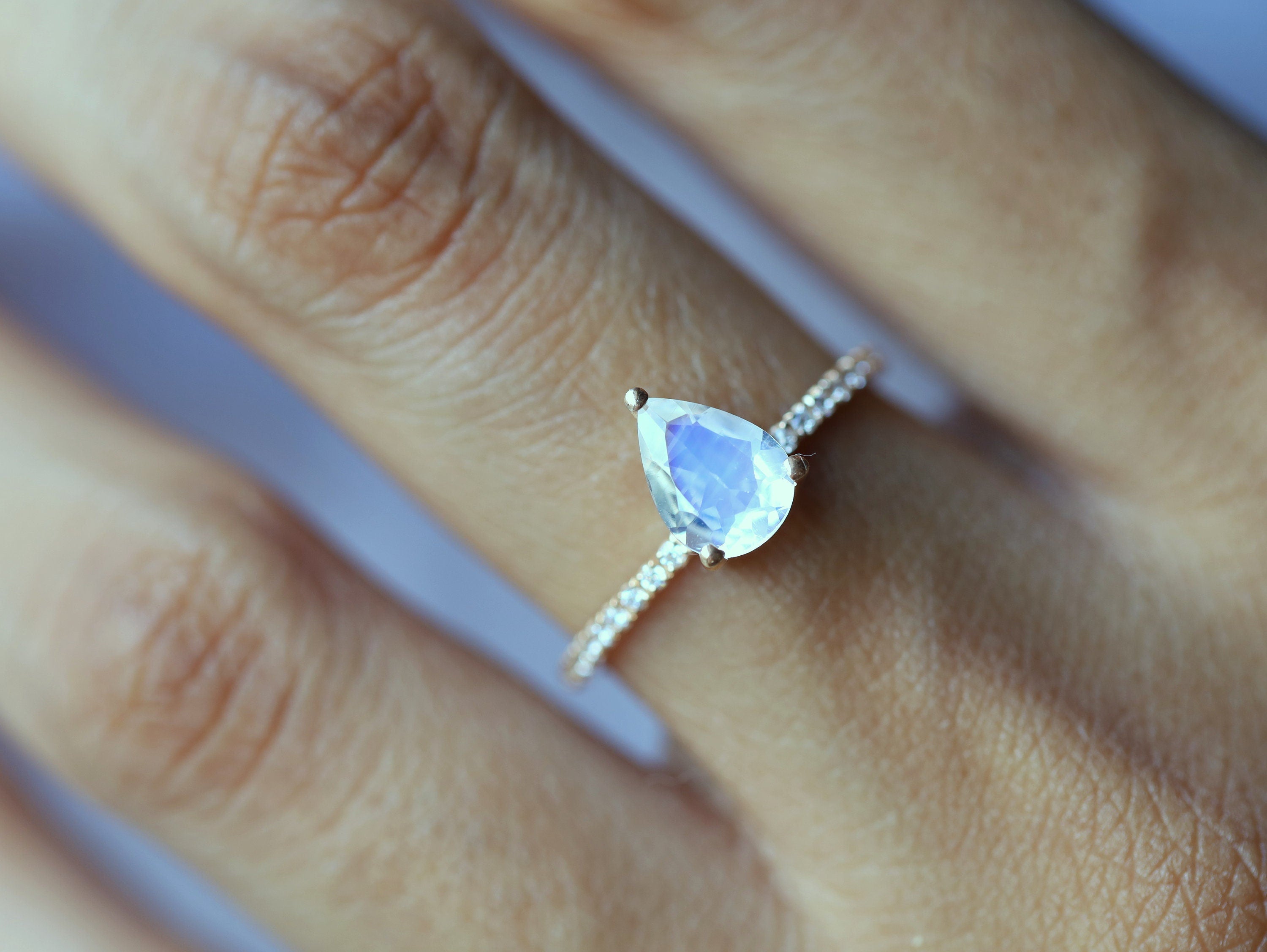 Moonstone Engagement Ring | Rainbow Moonstone & Diamond Ring | Pear Cut Anniversary Gift -
