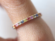 Half Eternity Rainbow Sapphire Wedding Band | Blue & Pink Sapphire Wedding Ring | Unique 2mm Band -