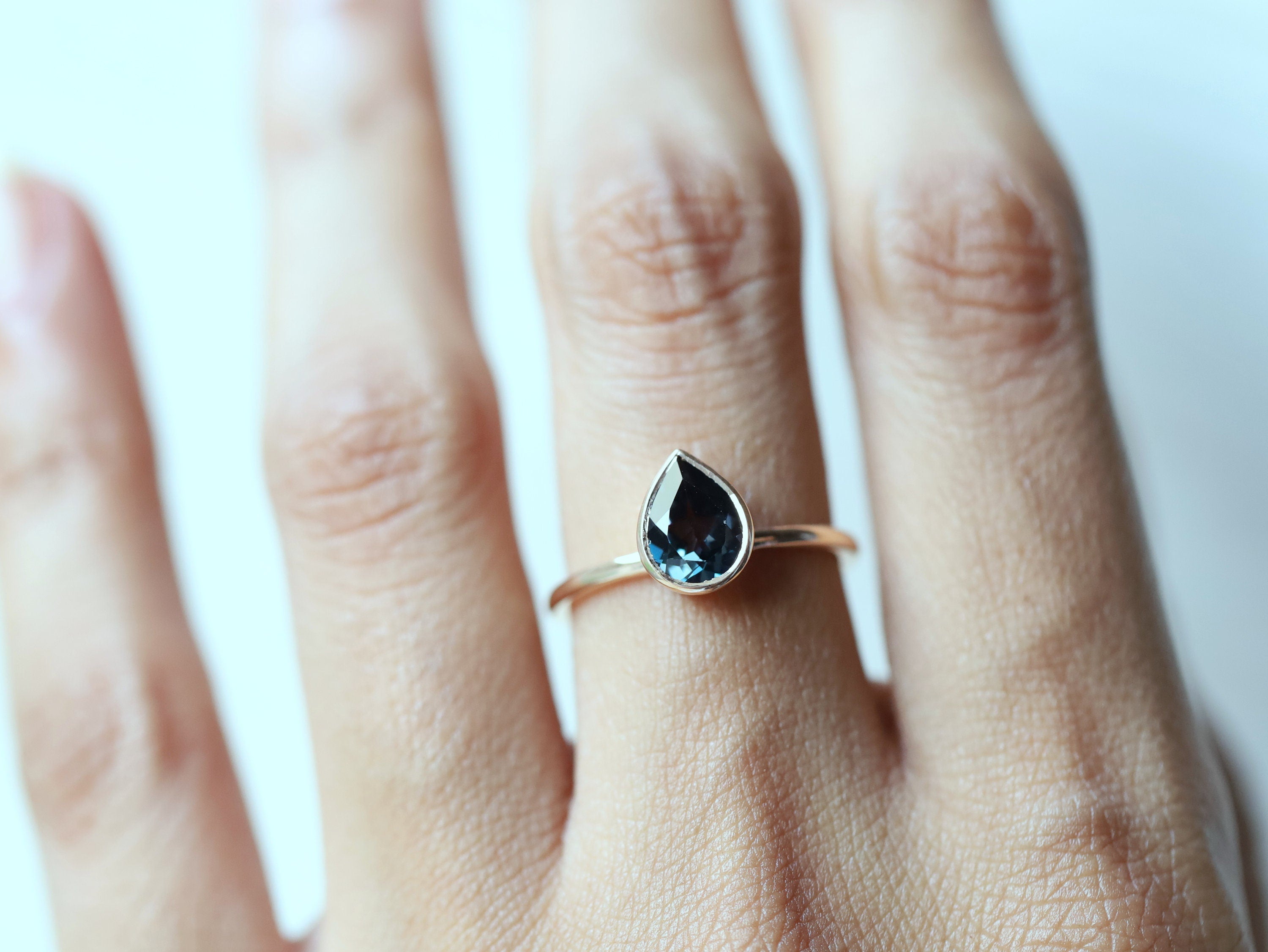 London Blue Topaz Solitaire Engagement Ring | Pear Cut Bezel Set Topaz | December Birthstone -