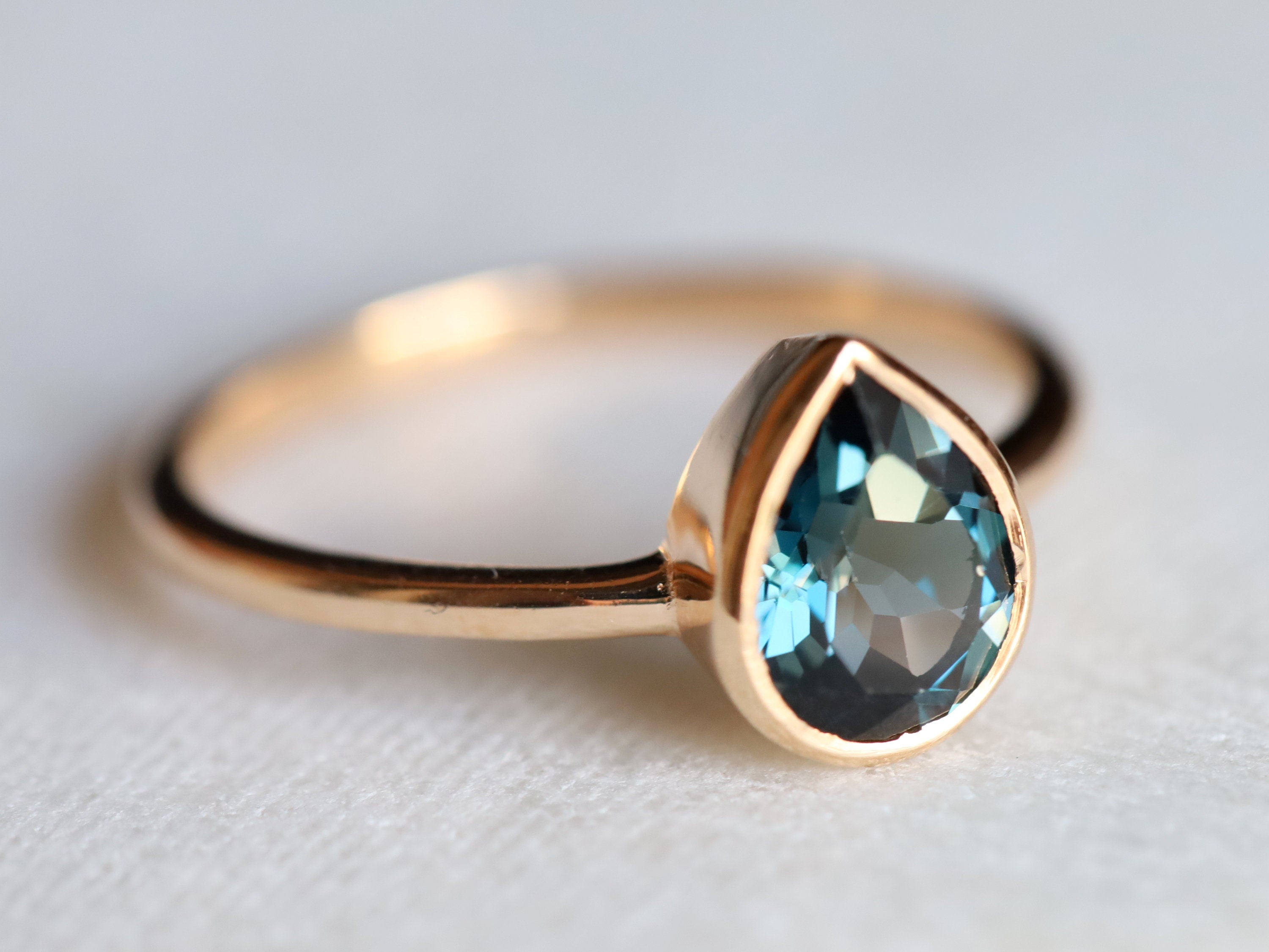 London Blue Topaz Solitaire Engagement Ring | Pear Cut Bezel Set Topaz | December Birthstone -