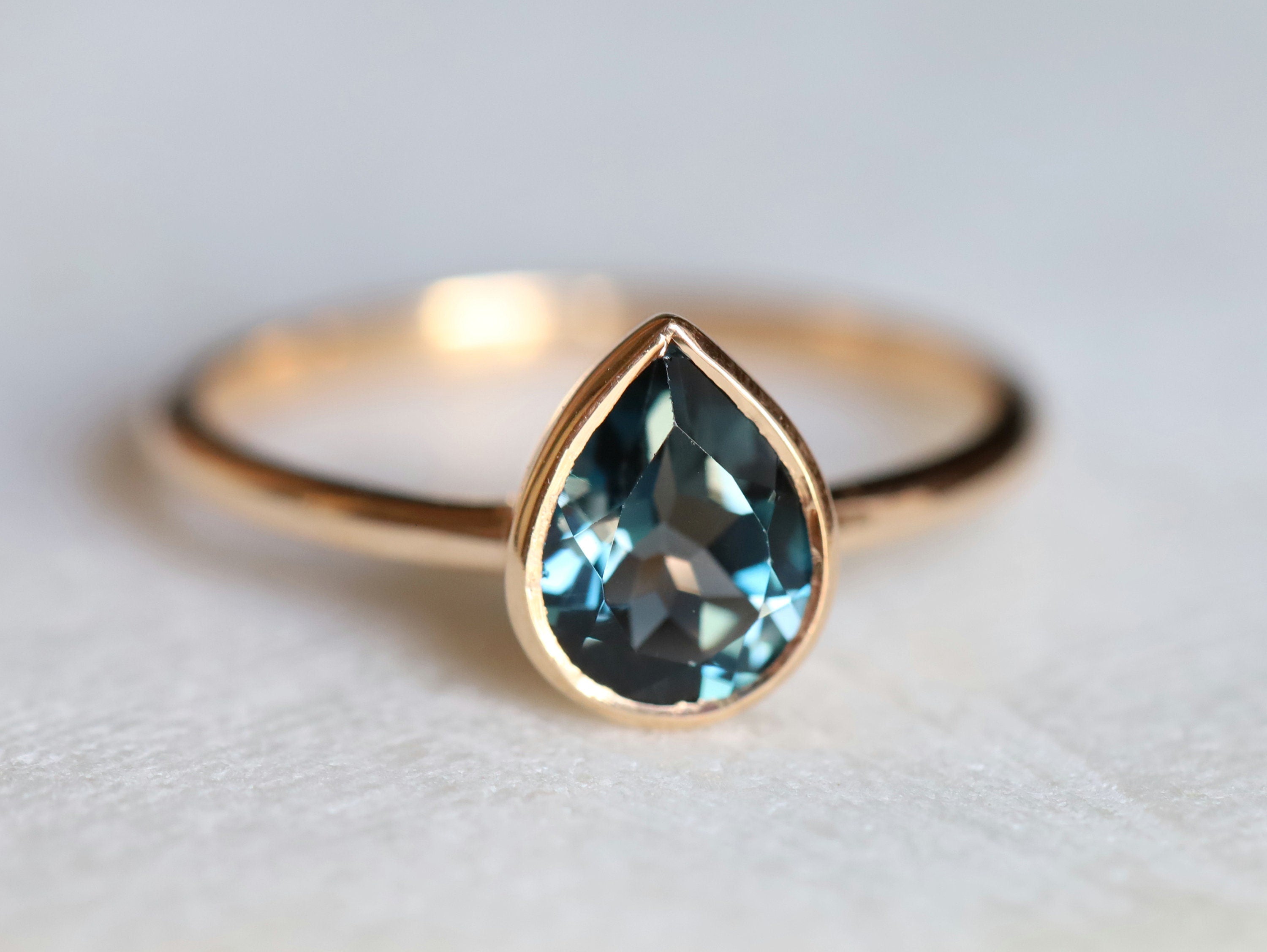London Blue Topaz Solitaire Engagement Ring | Pear Cut Bezel Set Topaz | December Birthstone -