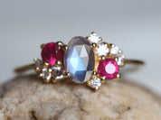 Cluster Engagement Ring | Moonstone Ruby & Diamond Ring | June Birthstone Ruby Cluster Ring -
