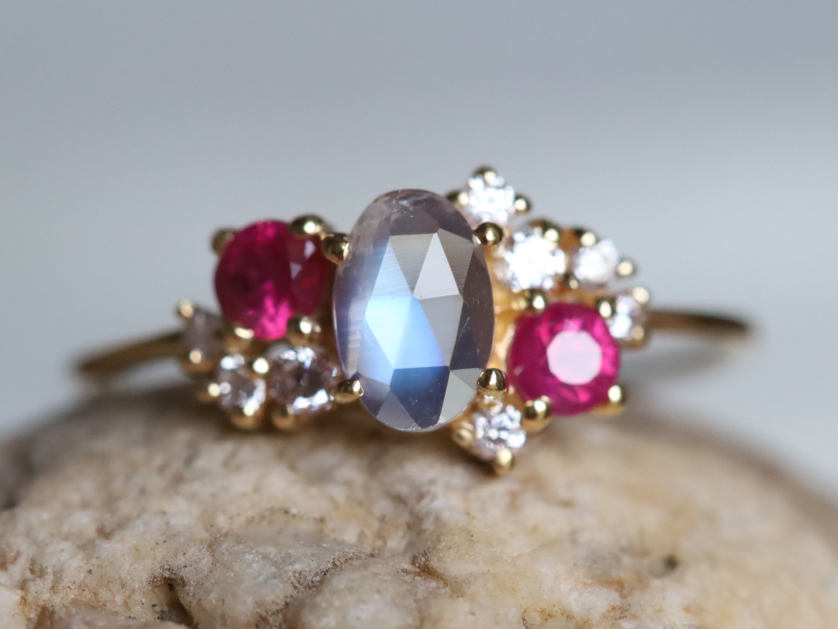 Cluster Engagement Ring | Moonstone Ruby & Diamond Ring | June Birthstone Ruby Cluster Ring -