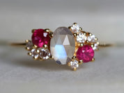 Cluster Engagement Ring | Moonstone Ruby & Diamond Ring | June Birthstone Ruby Cluster Ring -