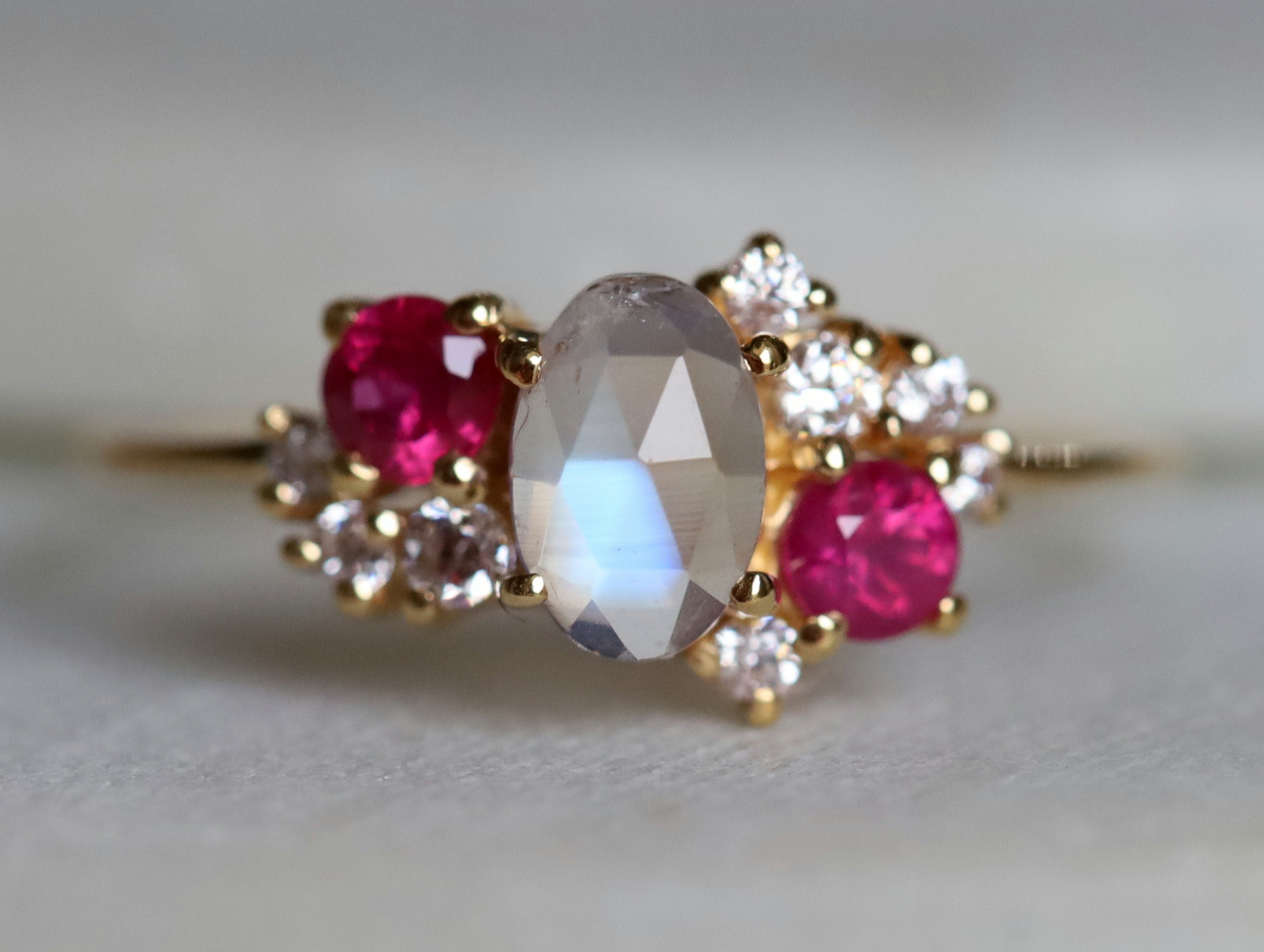 Cluster Engagement Ring | Moonstone Ruby & Diamond Ring | June Birthstone Ruby Cluster Ring -