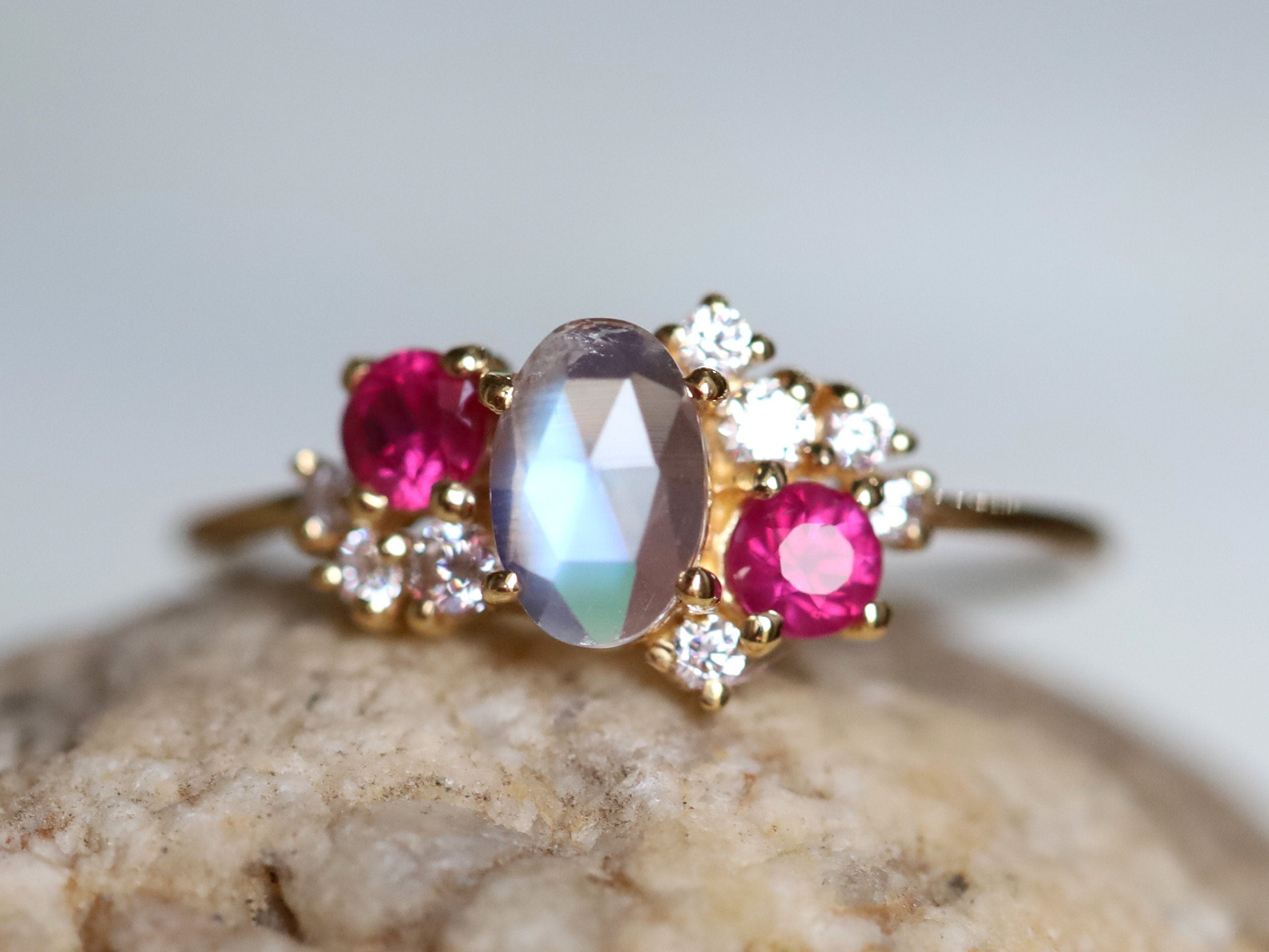 Cluster Engagement Ring | Moonstone Ruby & Diamond Ring | June Birthstone Ruby Cluster Ring -