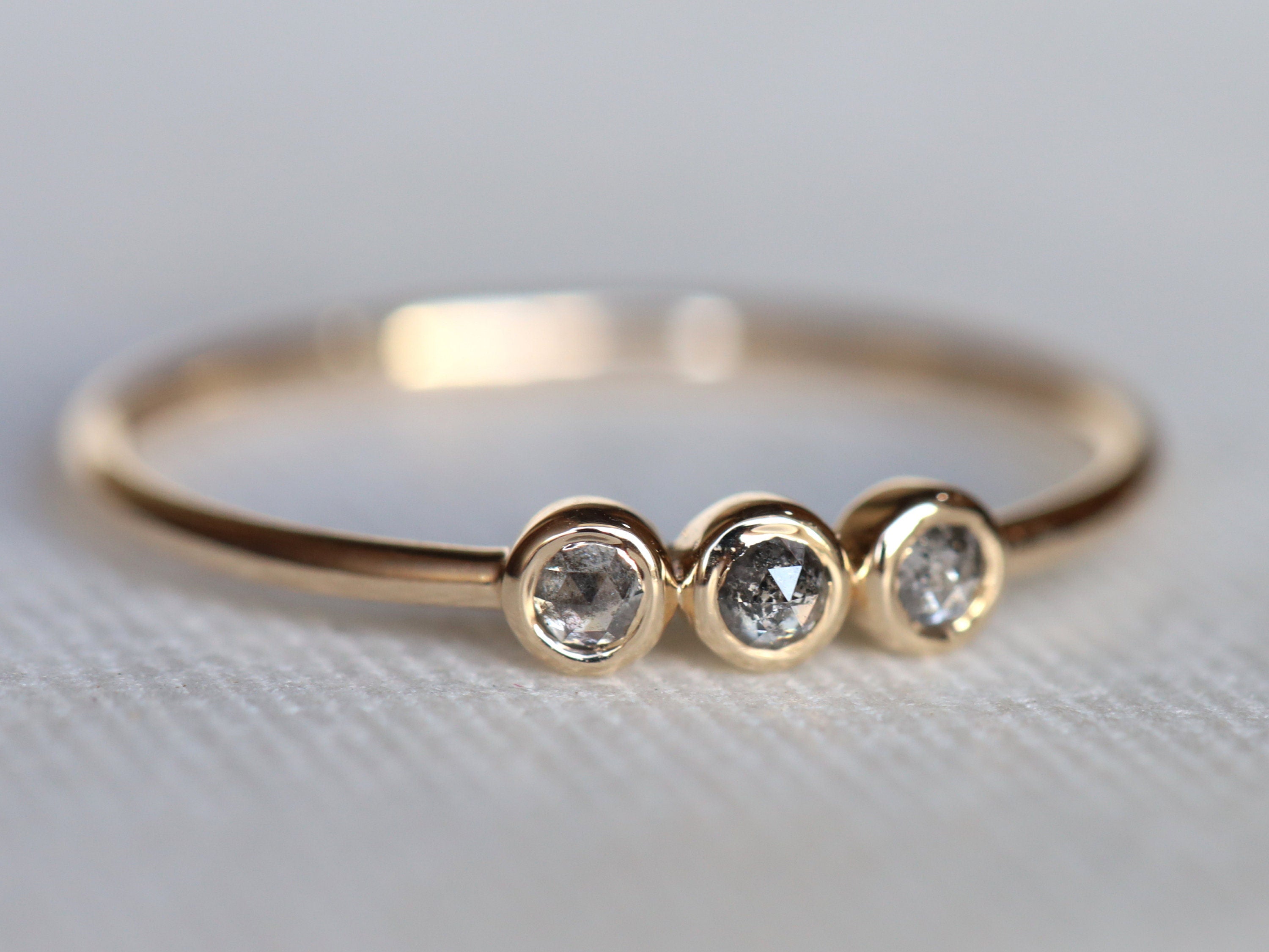 Grey Diamond Ring | Salt & Pepper Stacking Ring | Dainty Minimalist Bezel Design -