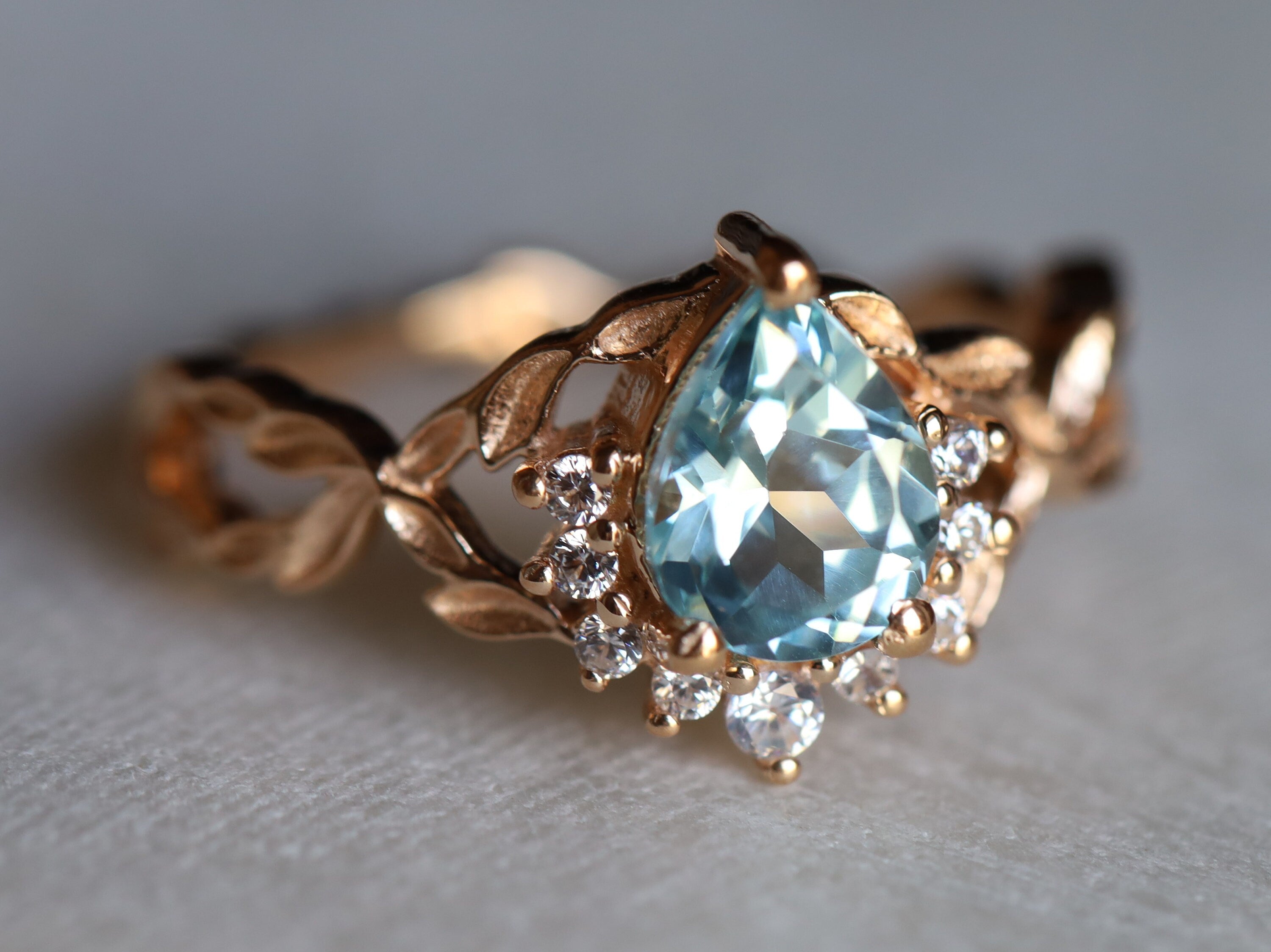 Art Deco Aquamarine Engagement Ring | Twig & Pear Cut Aquamarine Ring -