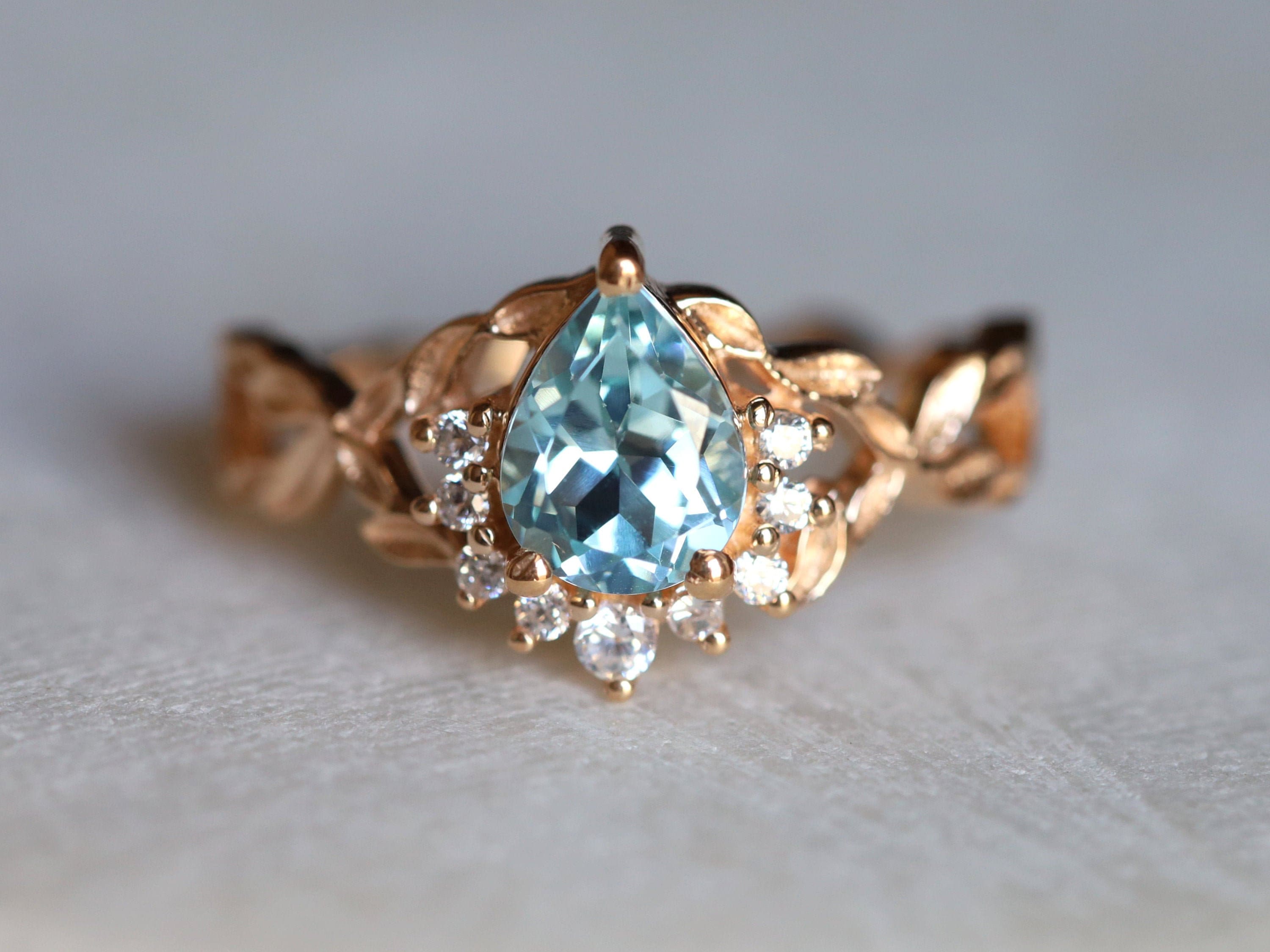 Art Deco Aquamarine Engagement Ring | Twig & Pear Cut Aquamarine Ring -