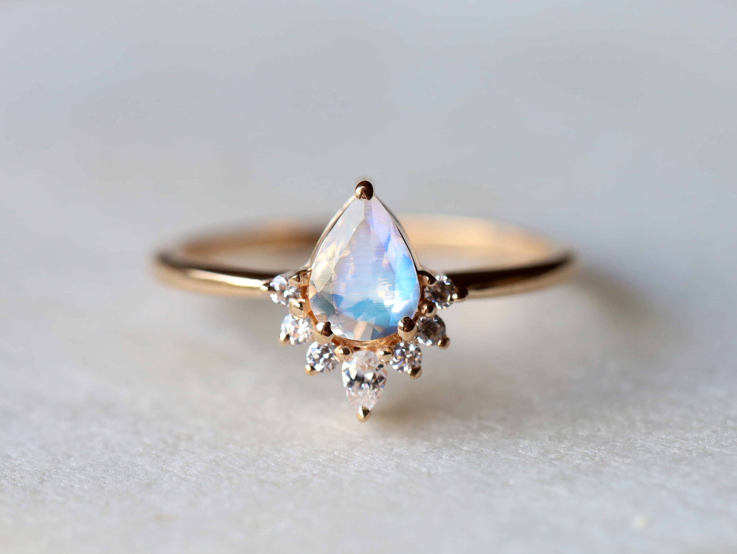 Rainbow Moonstone & Diamond Engagement Ring | Pear Cut Moonstone Ring | Anniversary Gift -