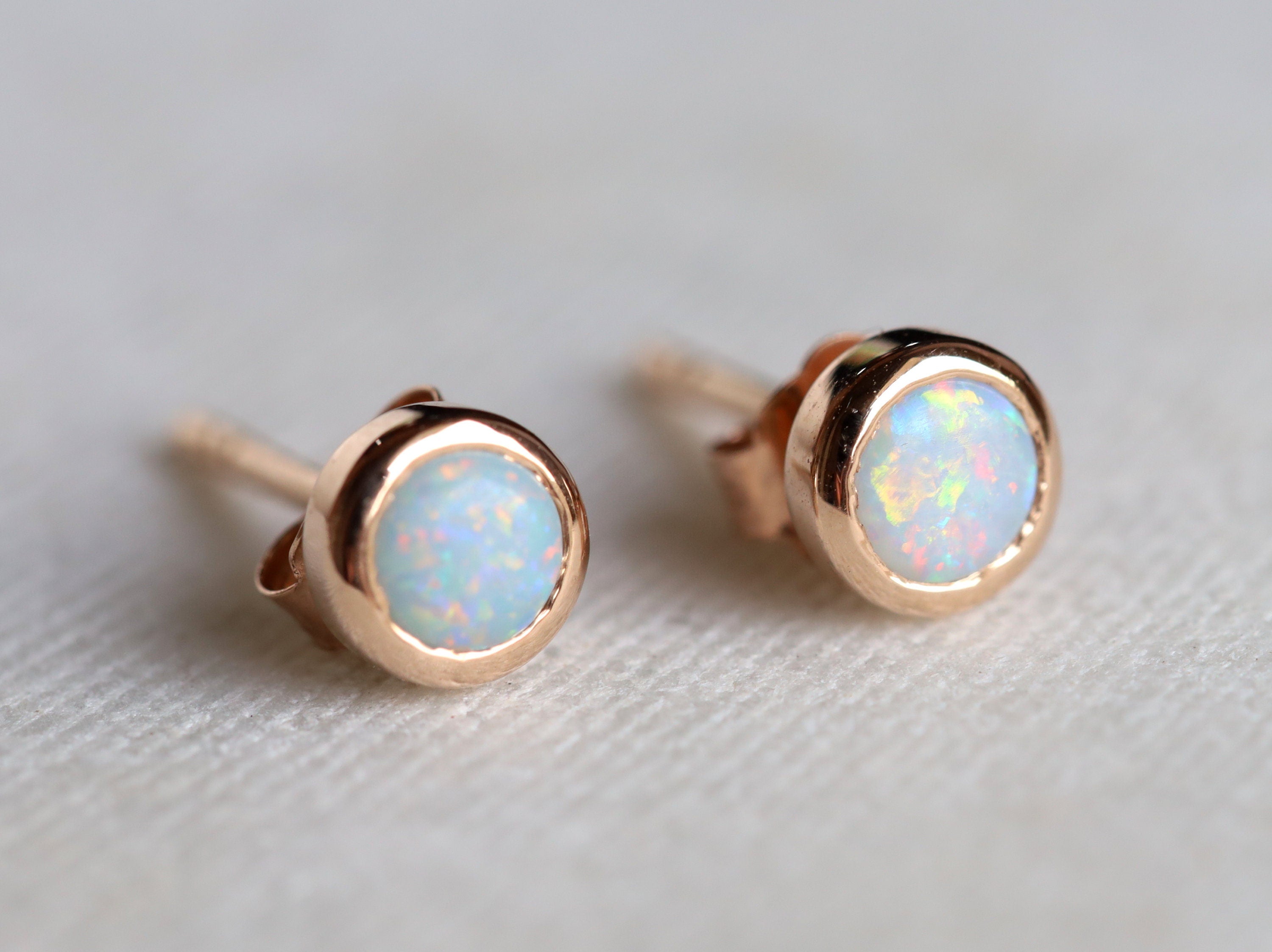 Gold Australian Opal Earrings | Solid Gold Opal Stud Earrings | Minimalist 14k Opal Earrings for Her -