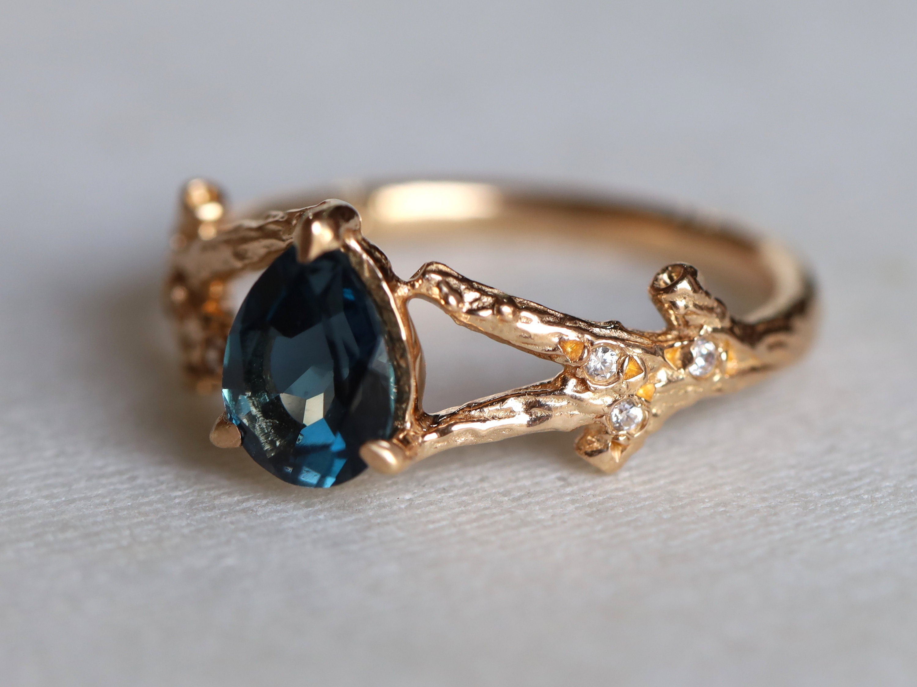 London Blue Topaz Twig Ring | Pear Cut Topaz Engagement Ring | December Birthstone Ring -