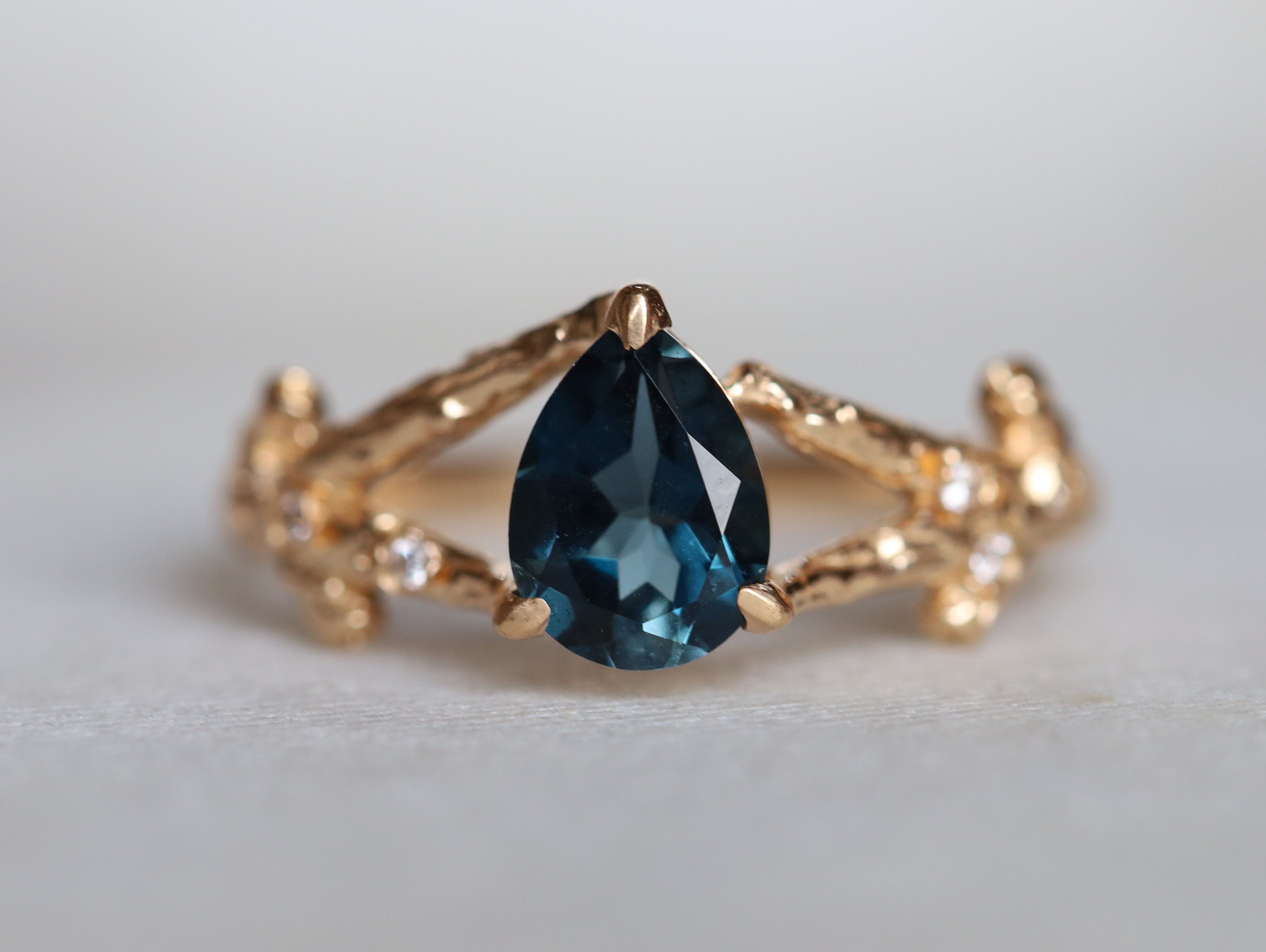 London Blue Topaz Twig Ring | Pear Cut Topaz Engagement Ring | December Birthstone Ring -