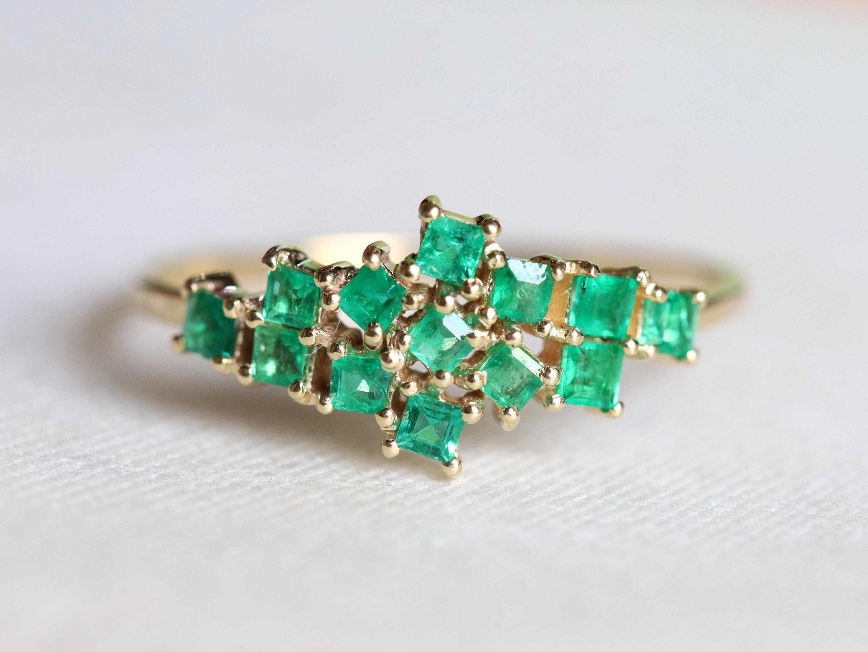 Emerald Cluster Engagement Ring | Natural Emerald Stacking Ring | Anniversary Cluster Ring -