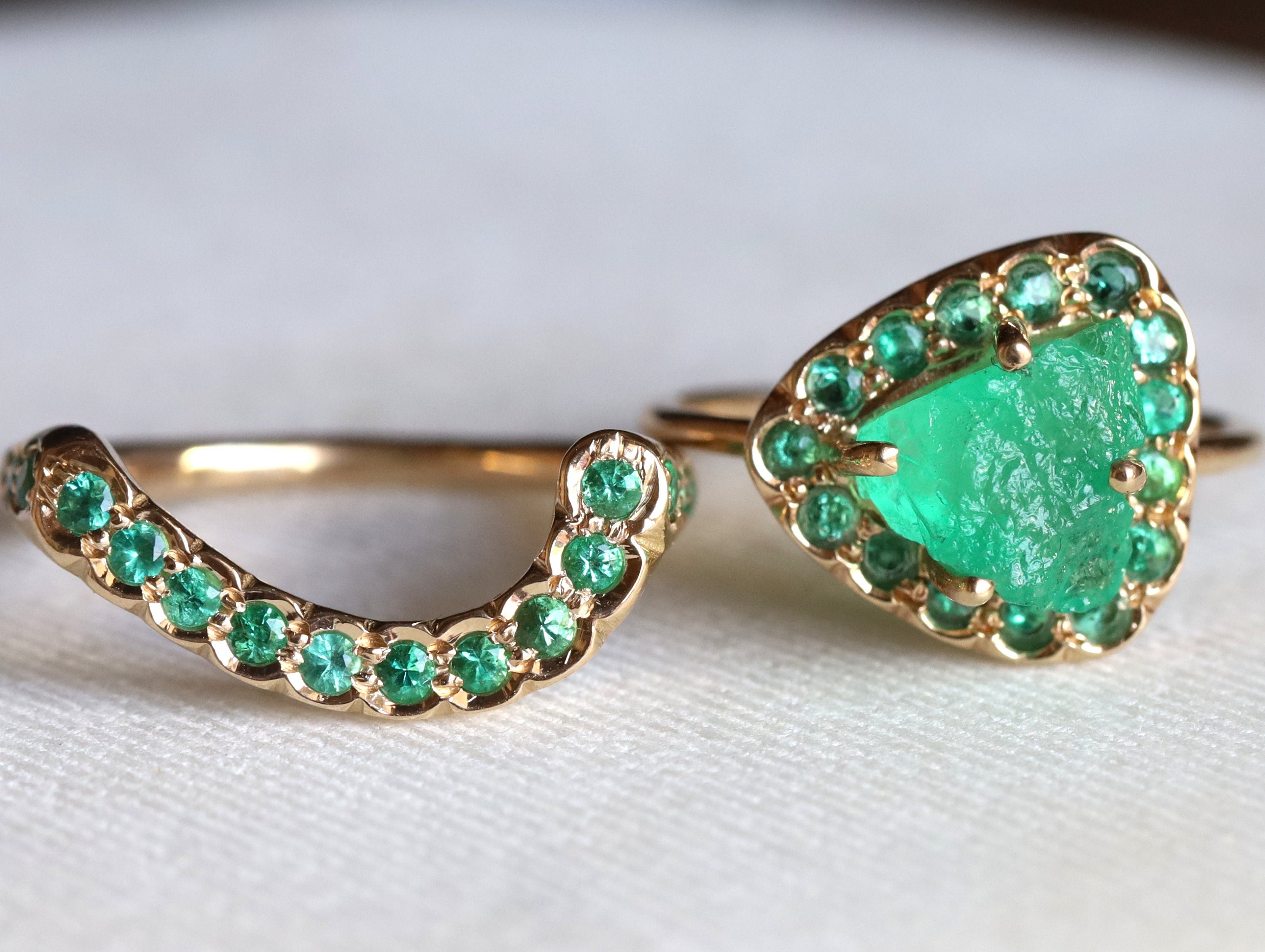 Raw Emerald Ring | Natural Rough Emerald Jewelry | May Birthstone Engagement Set -