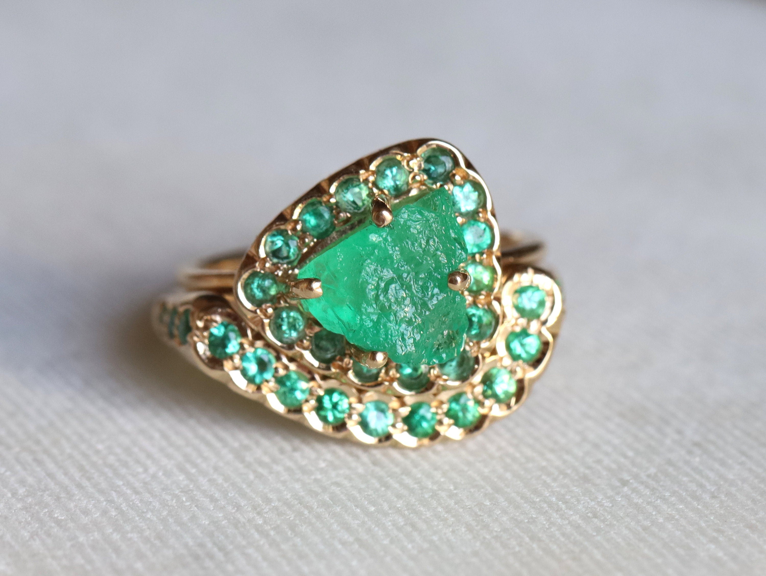 Raw Emerald Ring | Natural Rough Emerald Jewelry | May Birthstone Engagement Set -