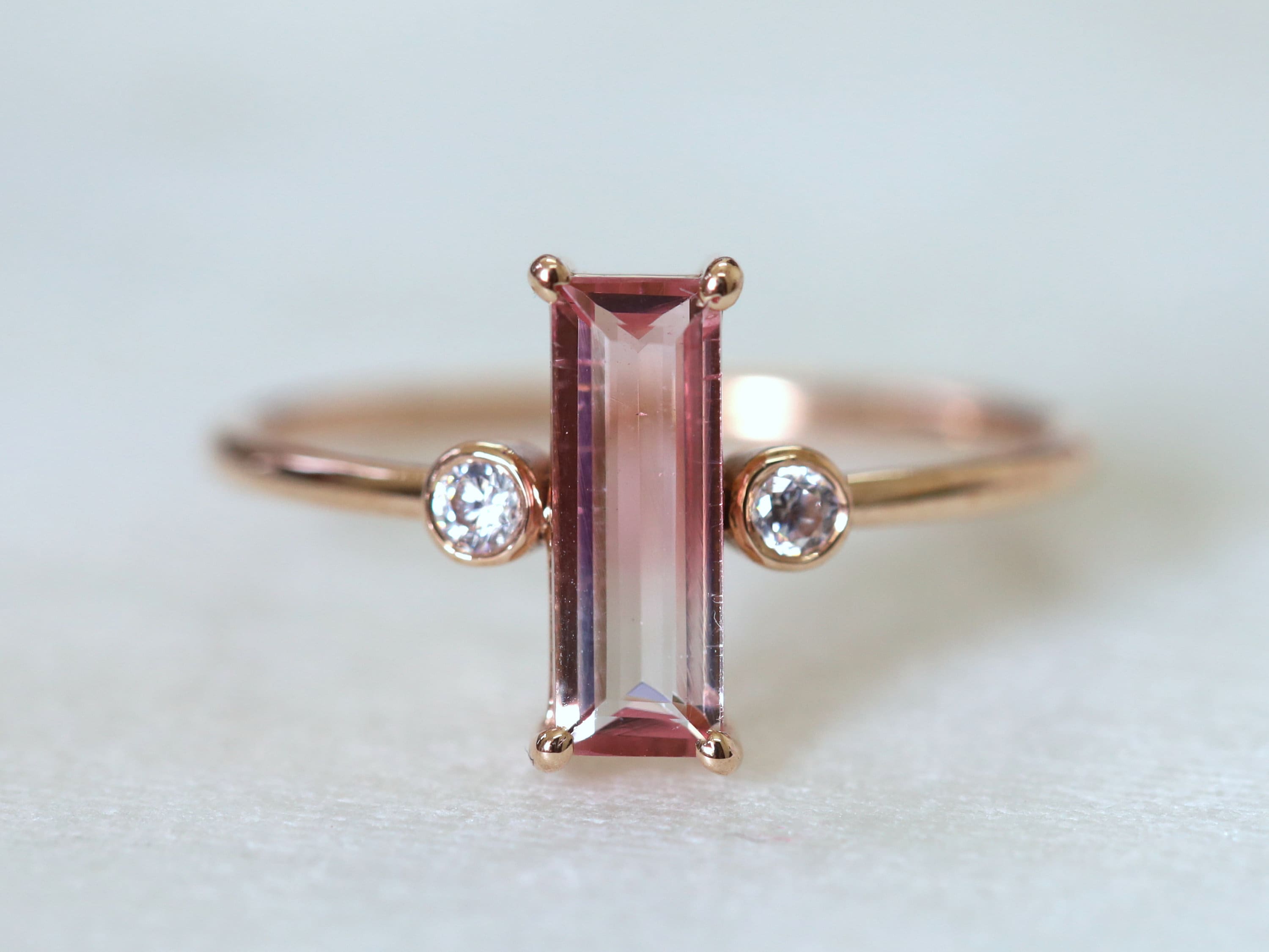 Watermelon Tourmaline Ring | Tourmaline Baguette | Tourmaline & Diamond Engagement -