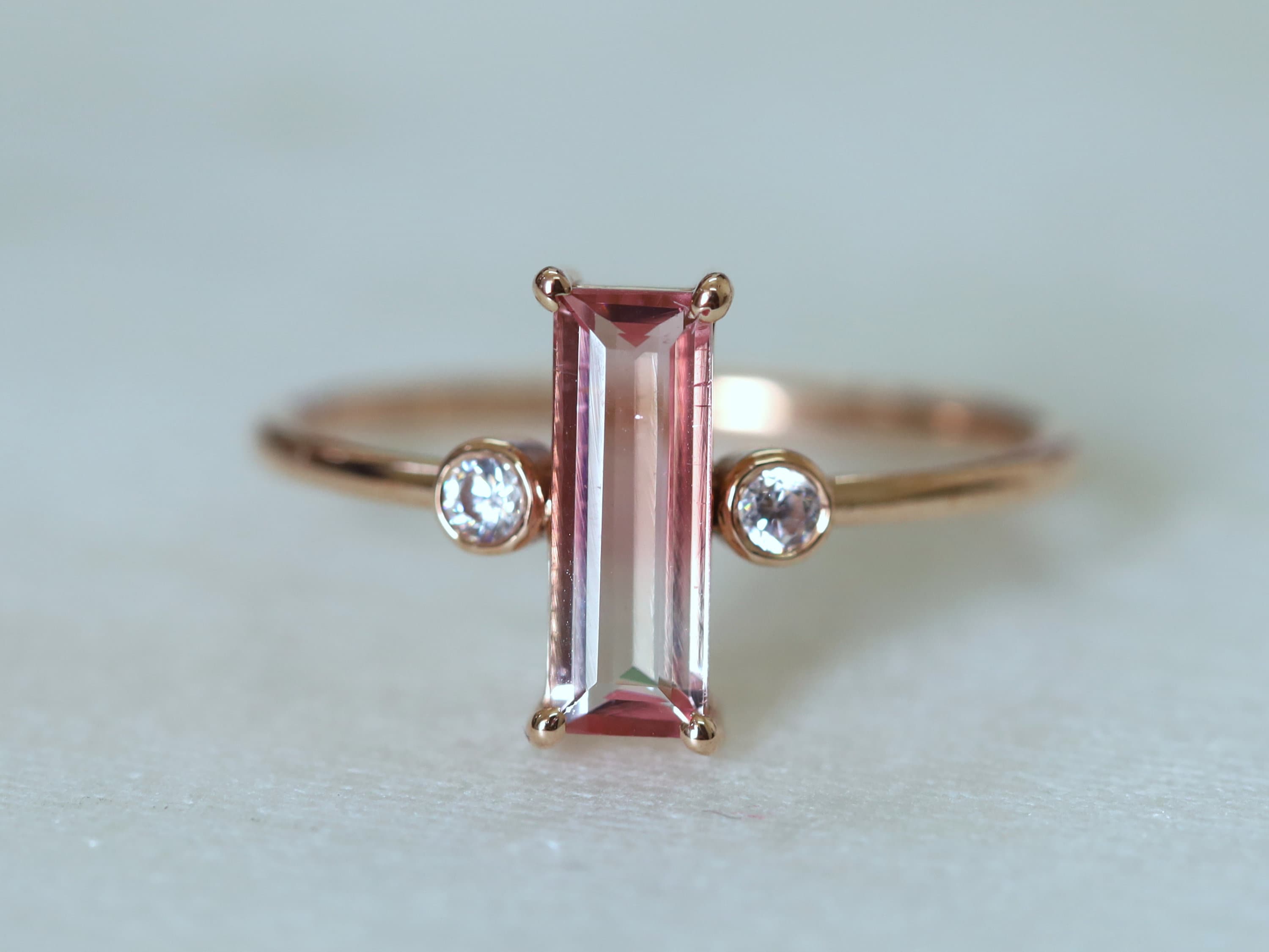 Watermelon Tourmaline Ring | Tourmaline Baguette | Tourmaline & Diamond Engagement -
