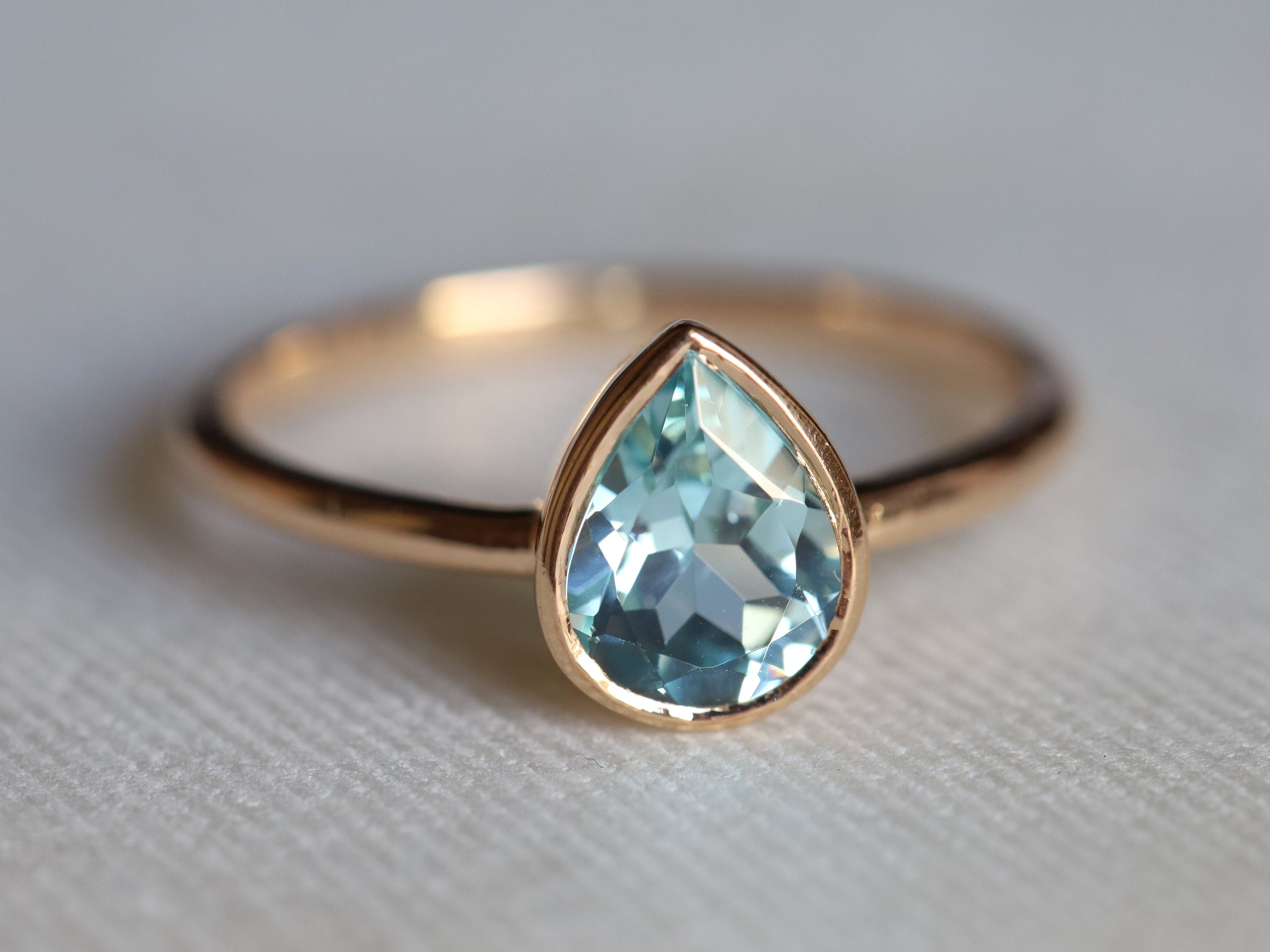 Pear Cut Aquamarine Engagement Ring | Basic Bezel Set March Birthstone Ring -