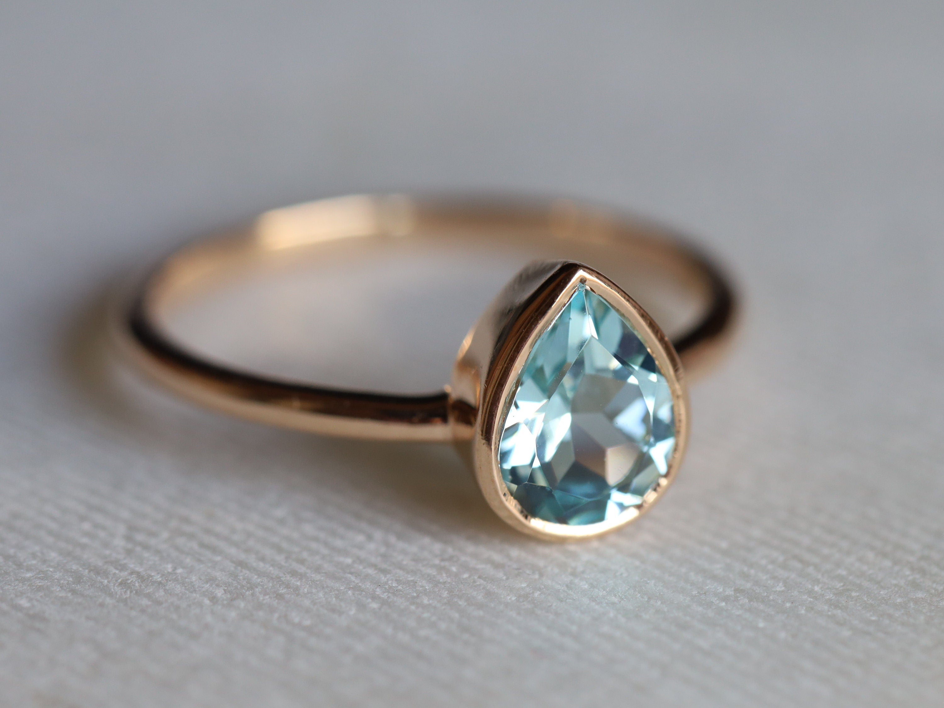 Pear Cut Aquamarine Engagement Ring | Basic Bezel Set March Birthstone Ring -