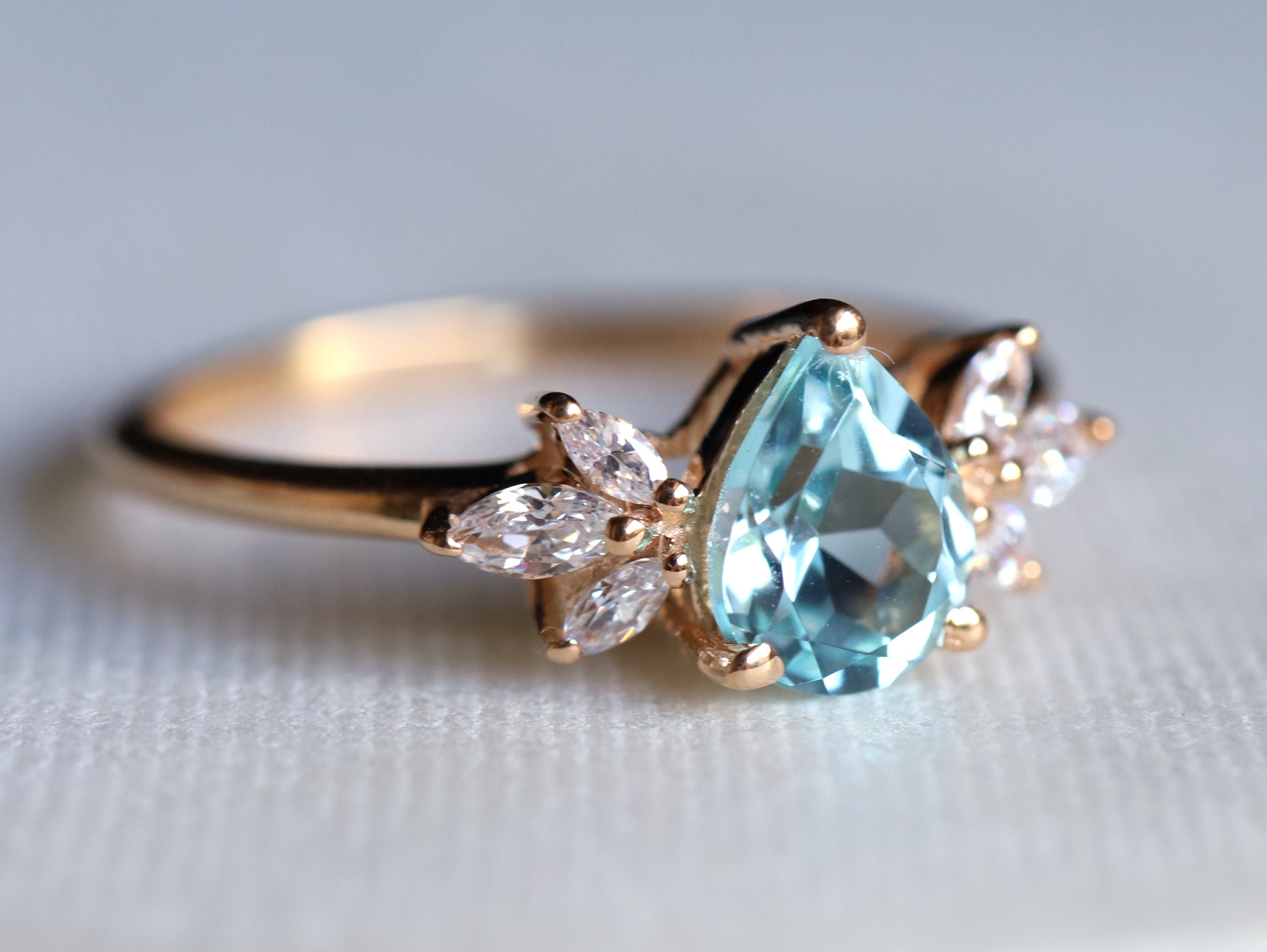Aquamarine & Diamond Engagement Ring | Pear Cut Engagement Ring | March Birthstone -