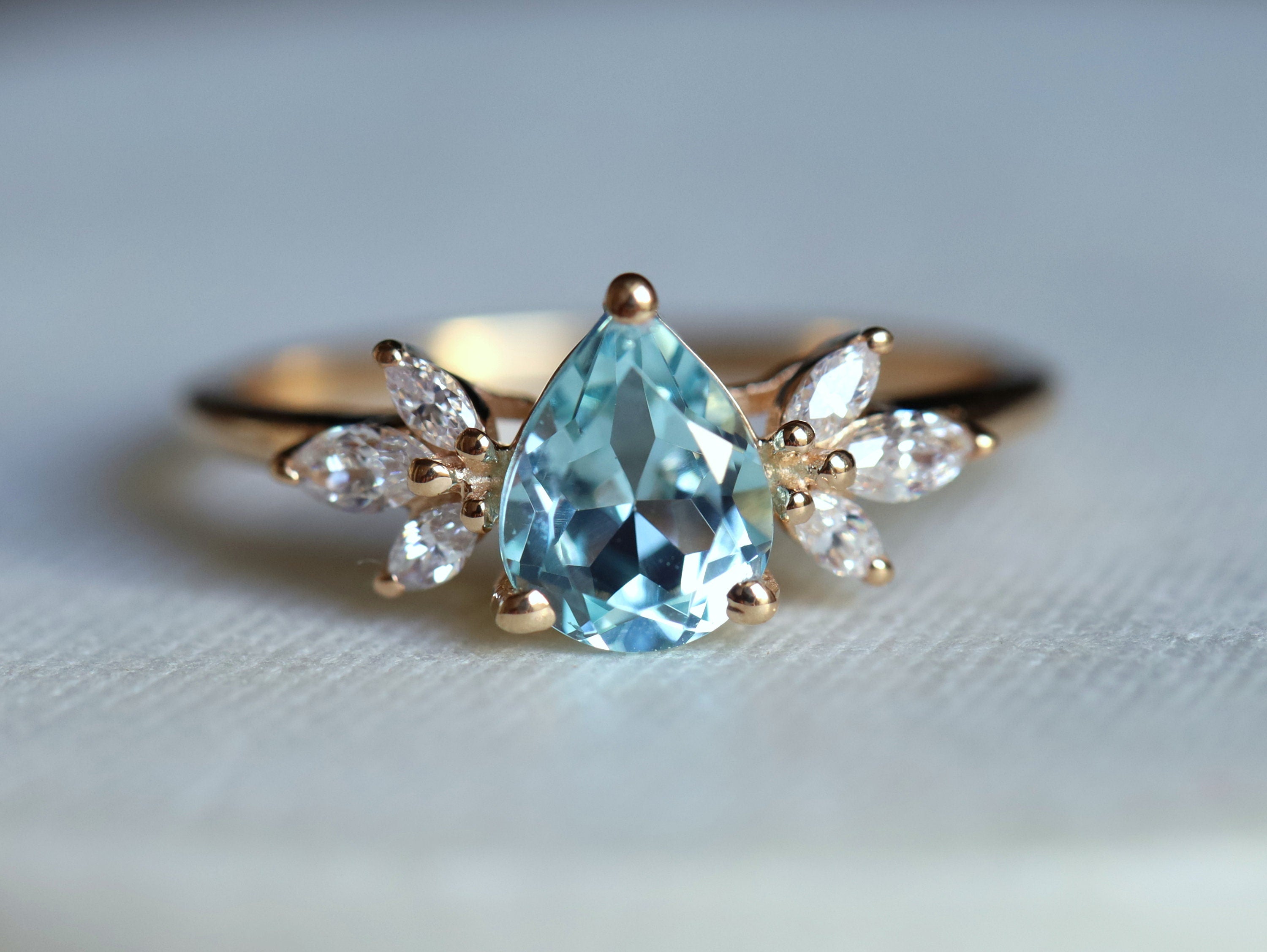 Aquamarine & Diamond Engagement Ring | Pear Cut Engagement Ring | March Birthstone -
