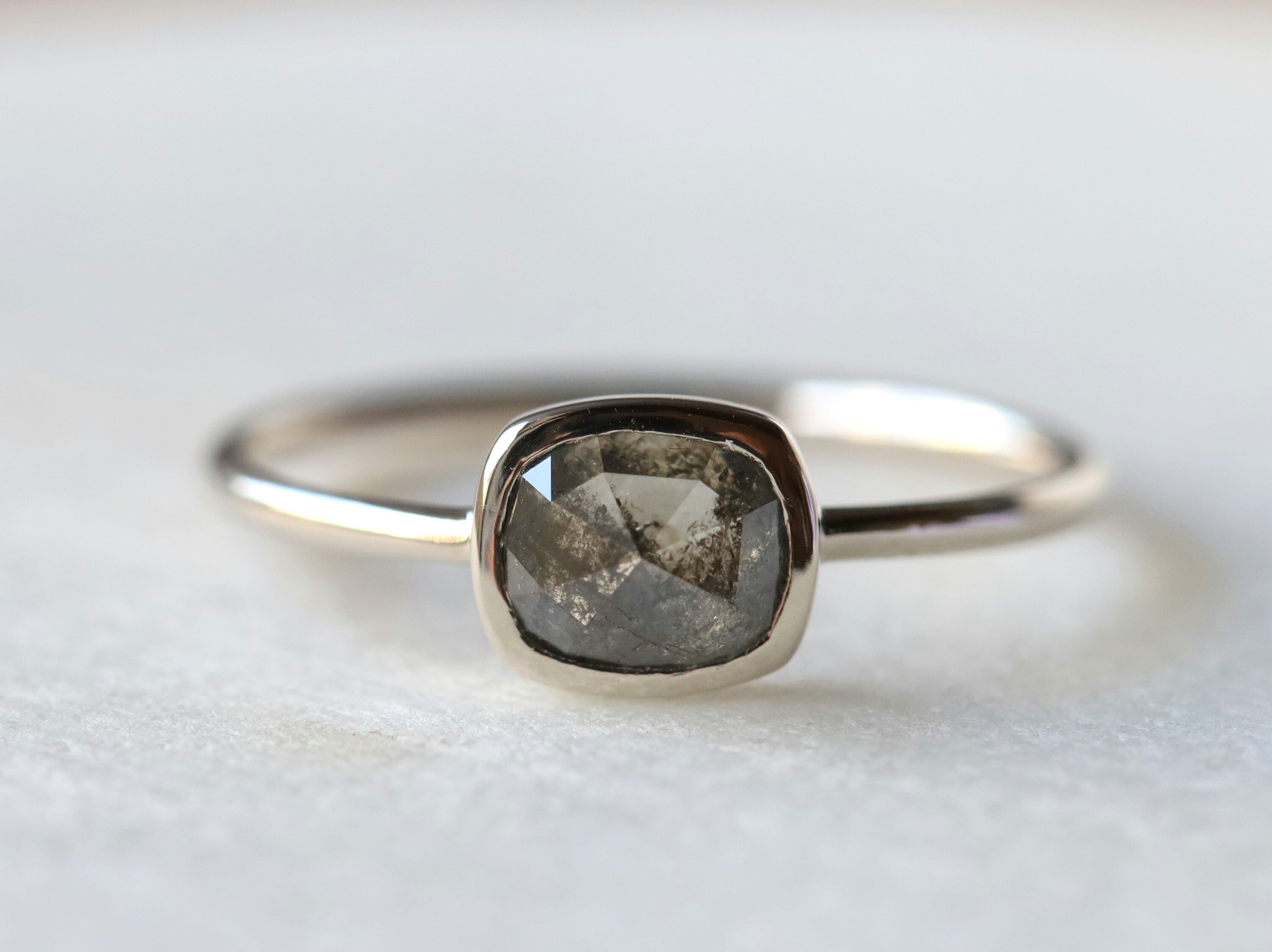 Salt & Pepper Diamond Ring | 1.5 ct Gray Rose Cut Diamond, Cushion Cut, Stacking Ring -