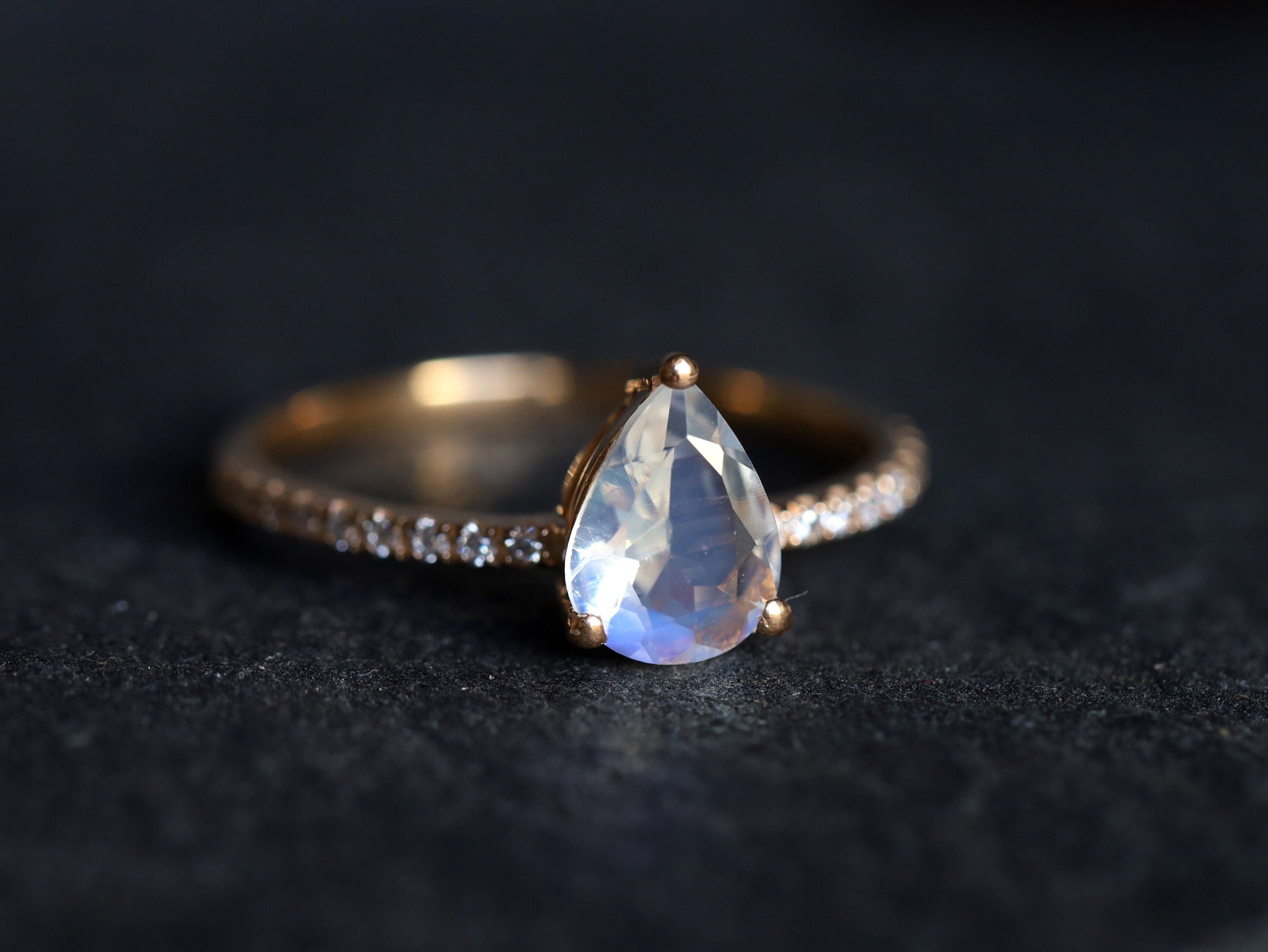 Moonstone Engagement Ring | Rainbow Moonstone & Diamond Ring | Pear Cut Anniversary Gift -
