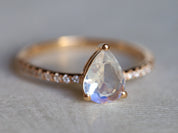 Moonstone Engagement Ring | Rainbow Moonstone & Diamond Ring | Pear Cut Anniversary Gift -
