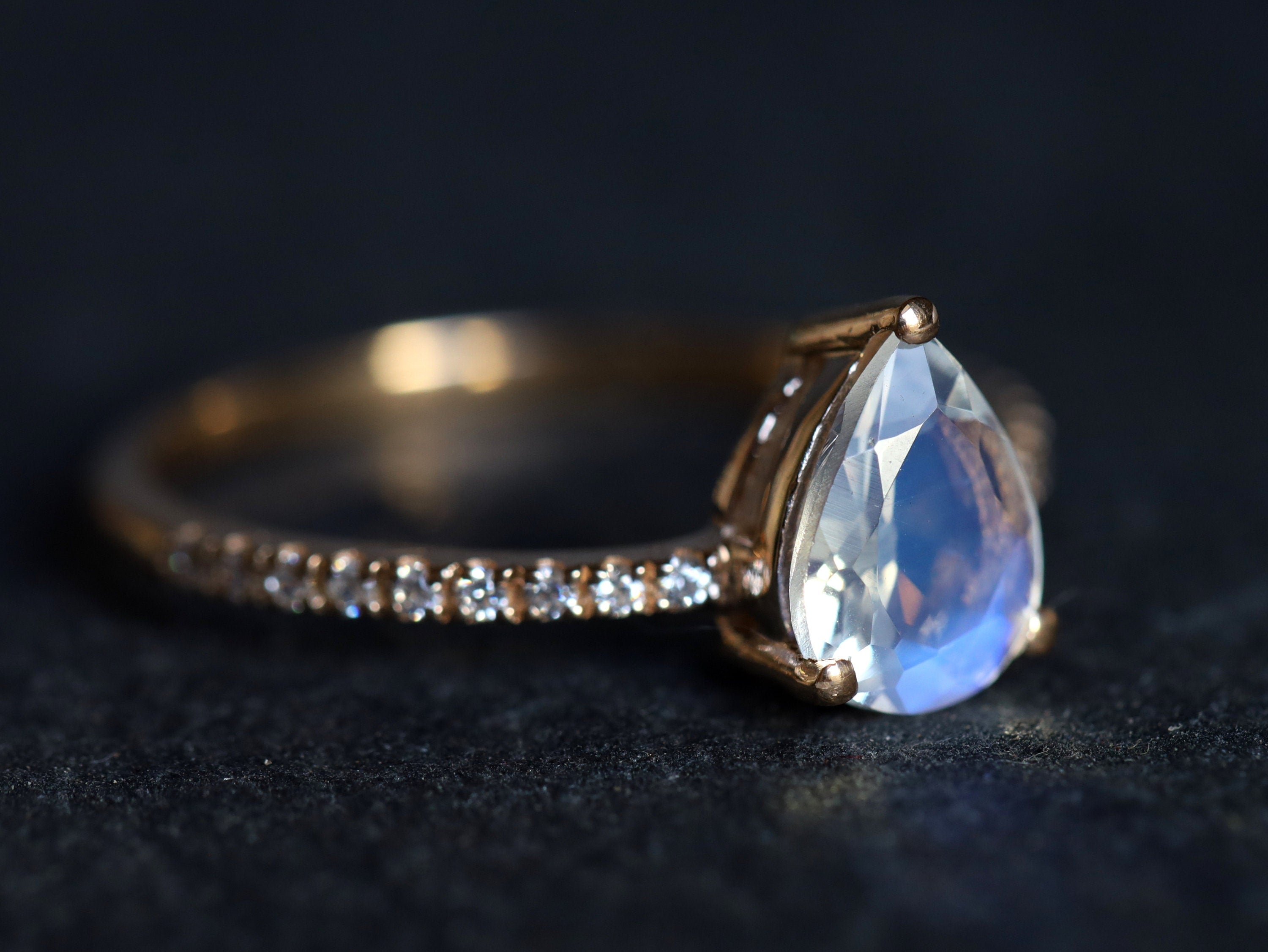 Moonstone Engagement Ring | Rainbow Moonstone & Diamond Ring | Pear Cut Anniversary Gift -