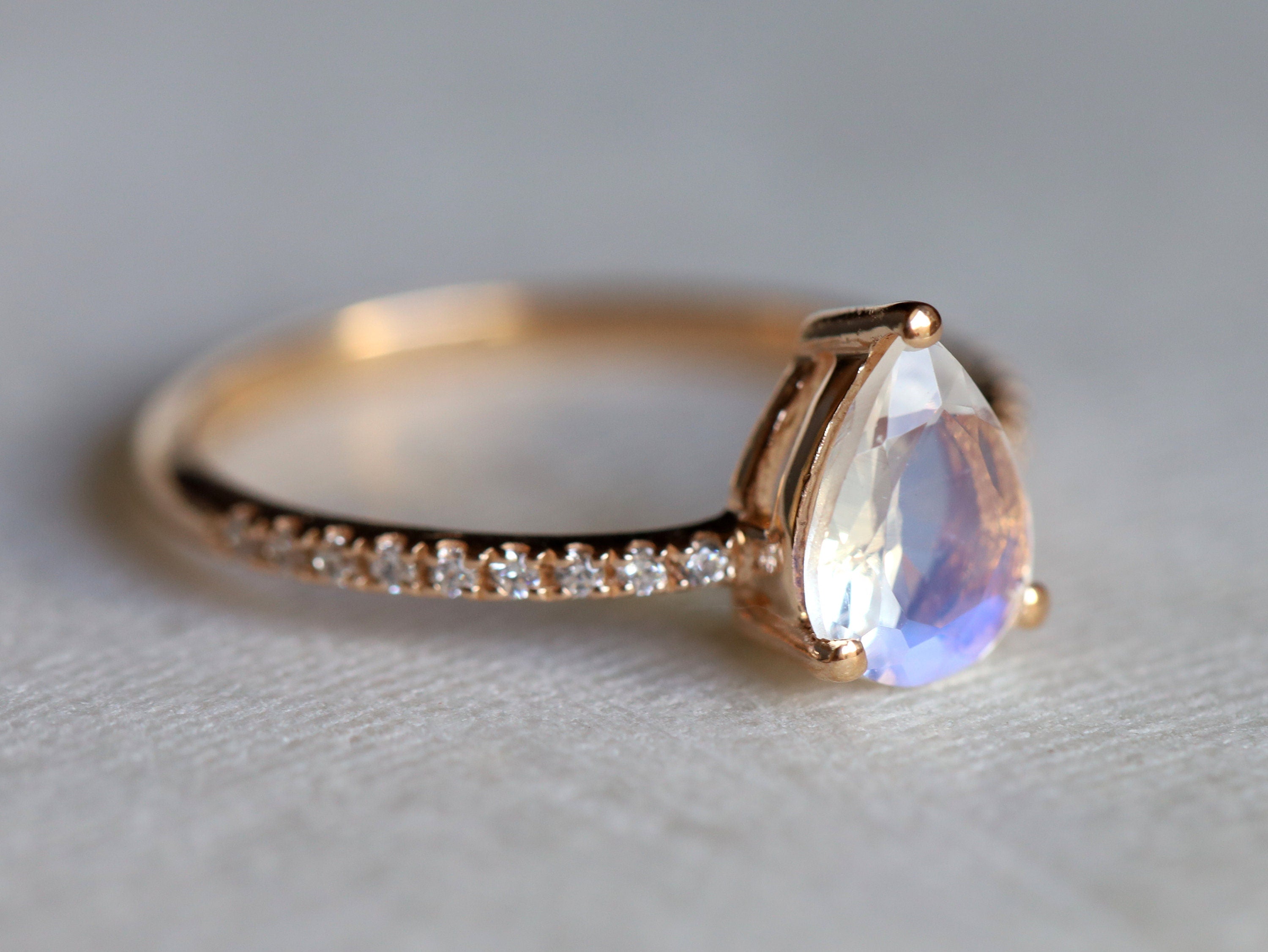 Moonstone Engagement Ring | Rainbow Moonstone & Diamond Ring | Pear Cut Anniversary Gift -