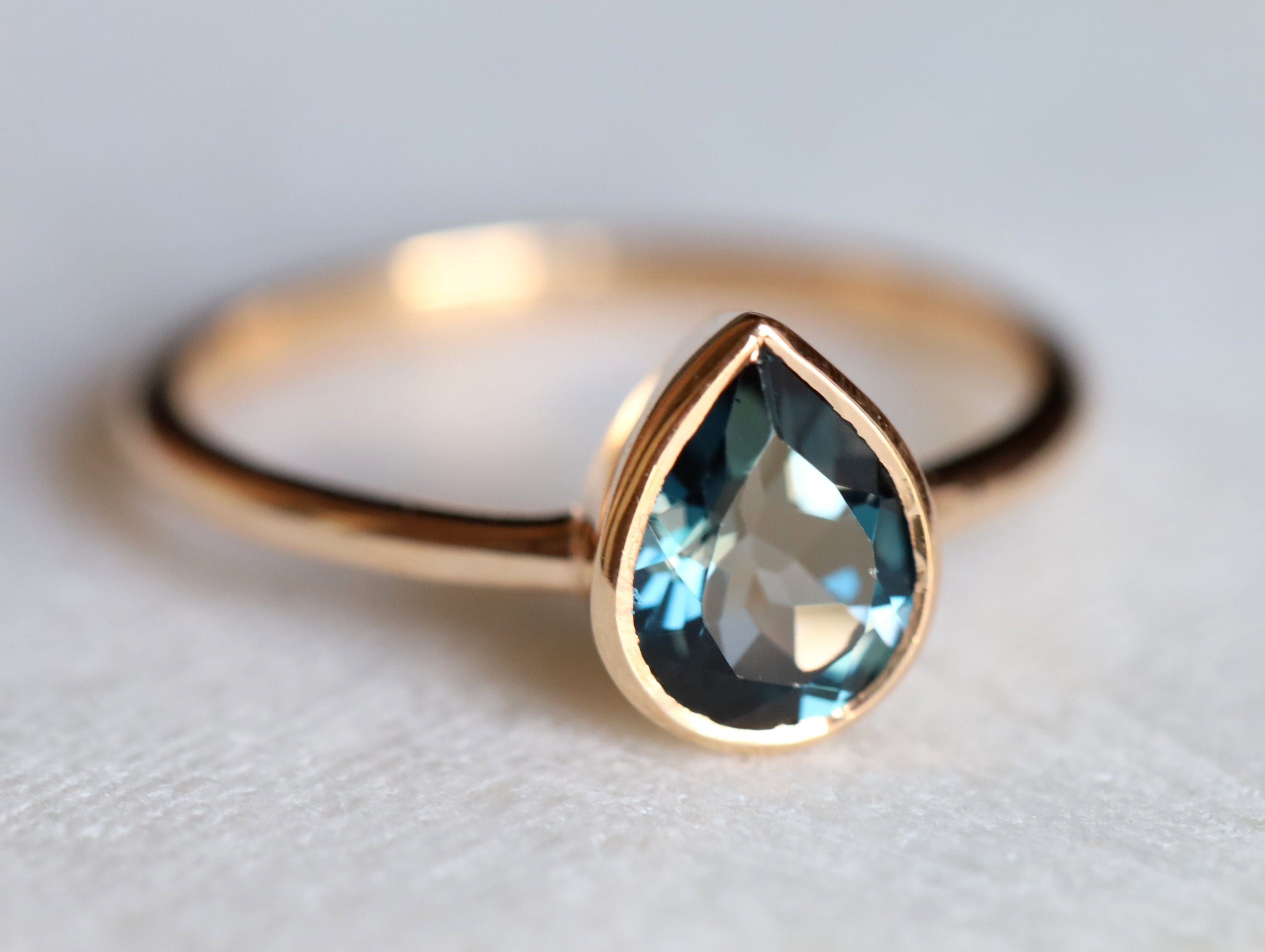 London Blue Topaz Solitaire Engagement Ring | Pear Cut Bezel Set Topaz | December Birthstone -