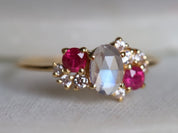 Cluster Engagement Ring | Moonstone Ruby & Diamond Ring | June Birthstone Ruby Cluster Ring -