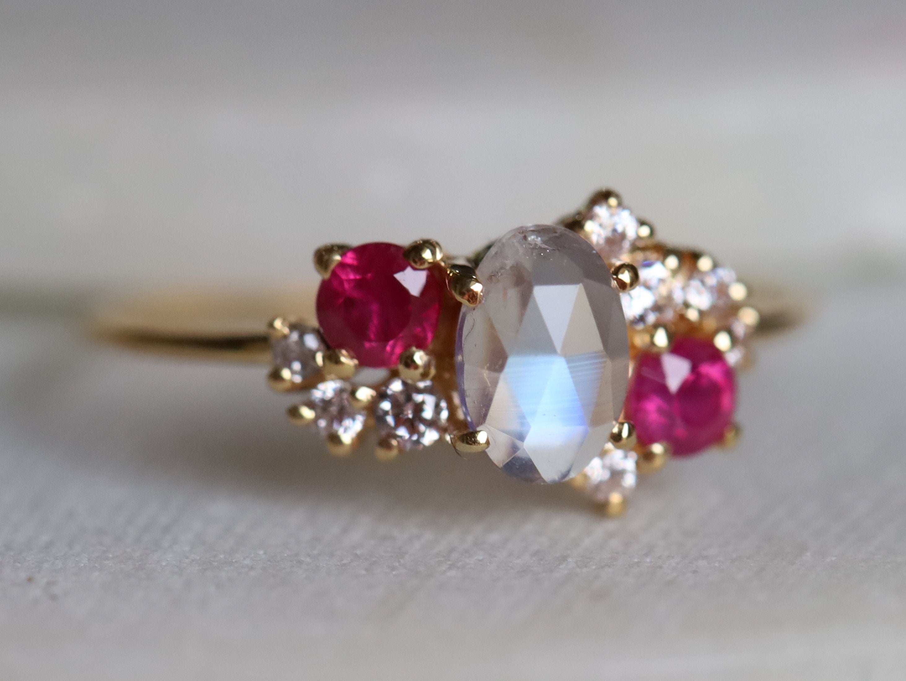 Cluster Engagement Ring | Moonstone Ruby & Diamond Ring | June Birthstone Ruby Cluster Ring -