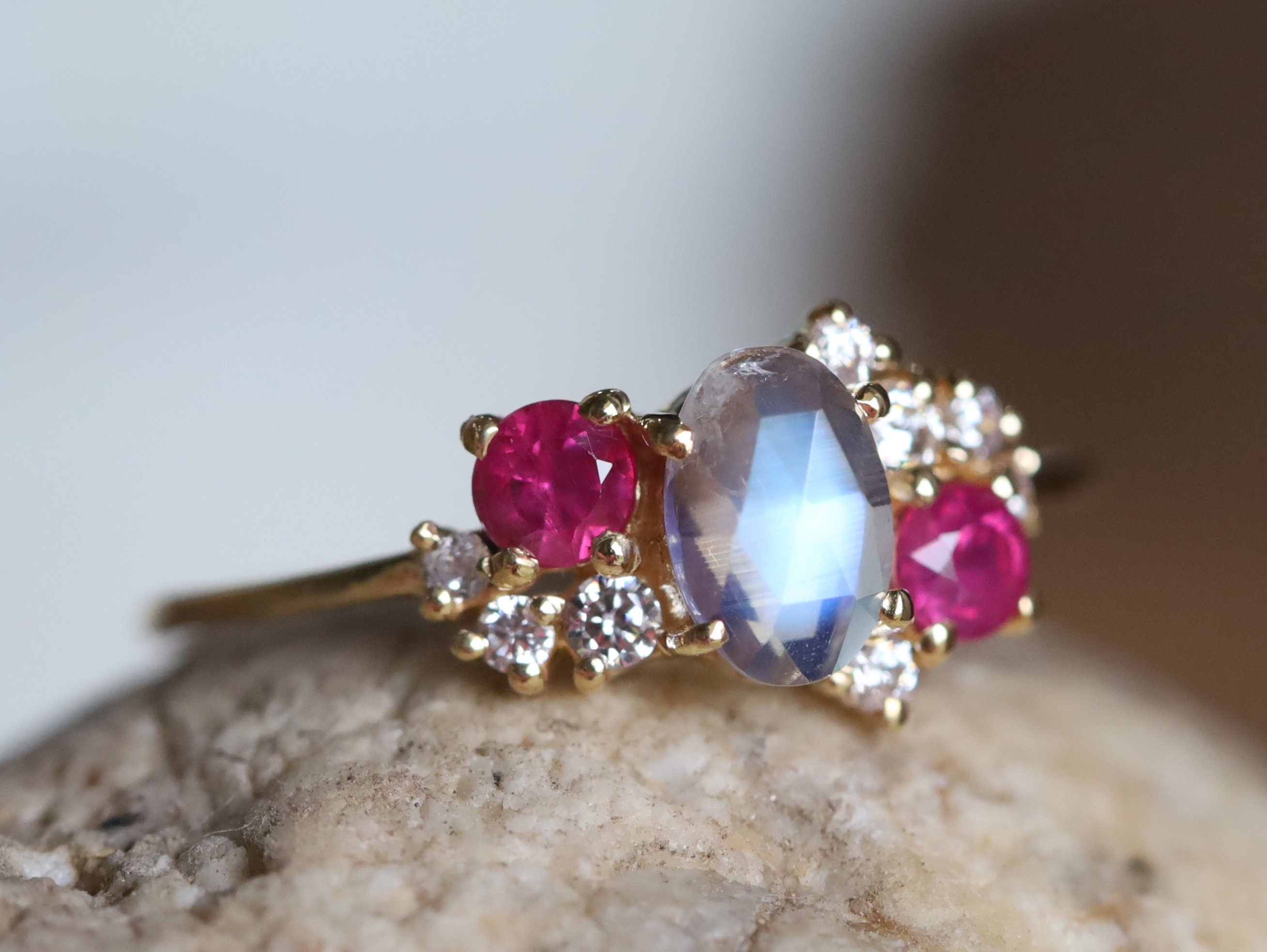 Cluster Engagement Ring | Moonstone Ruby & Diamond Ring | June Birthstone Ruby Cluster Ring -