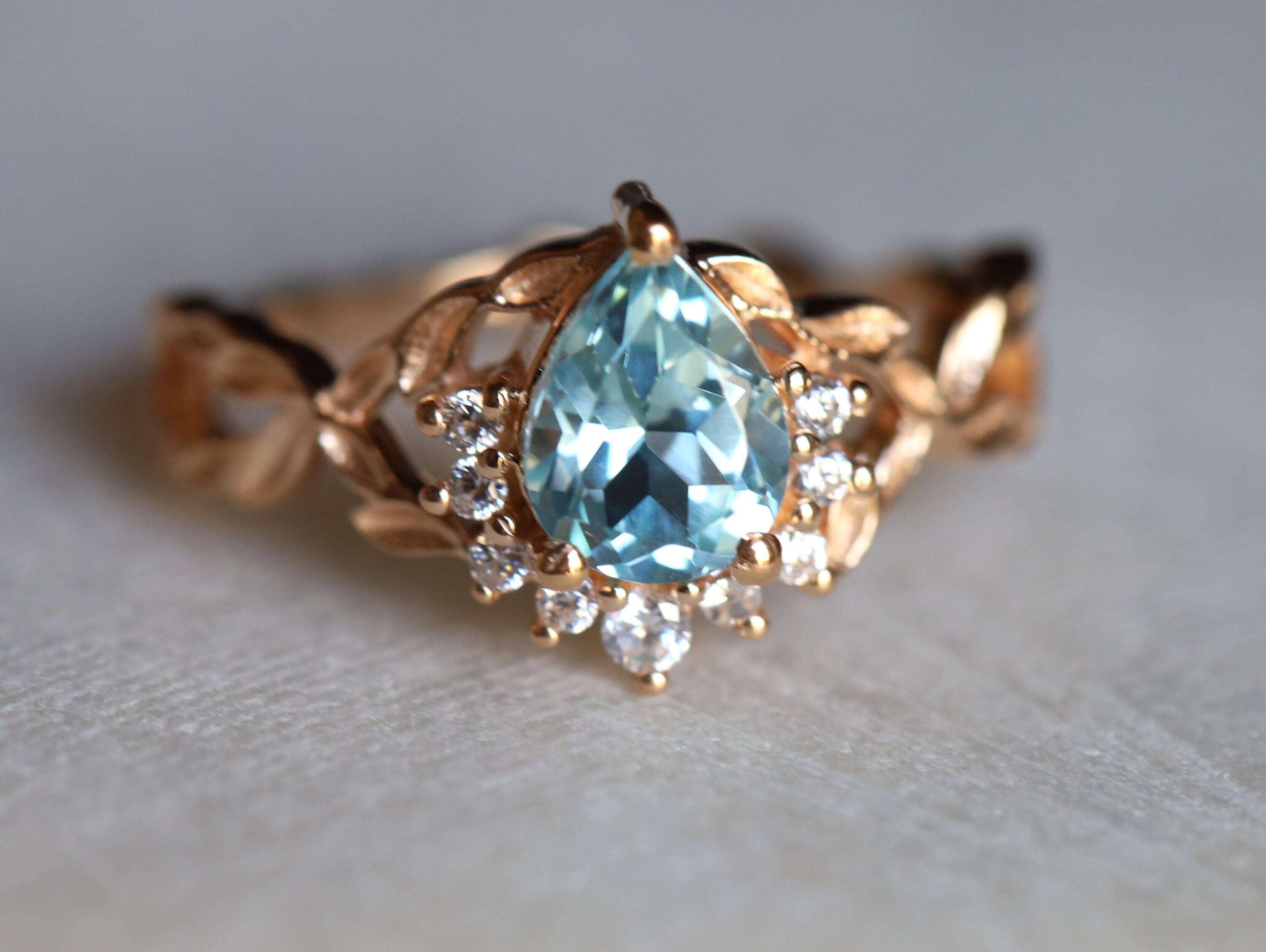 Art Deco Aquamarine Engagement Ring | Twig & Pear Cut Aquamarine Ring -