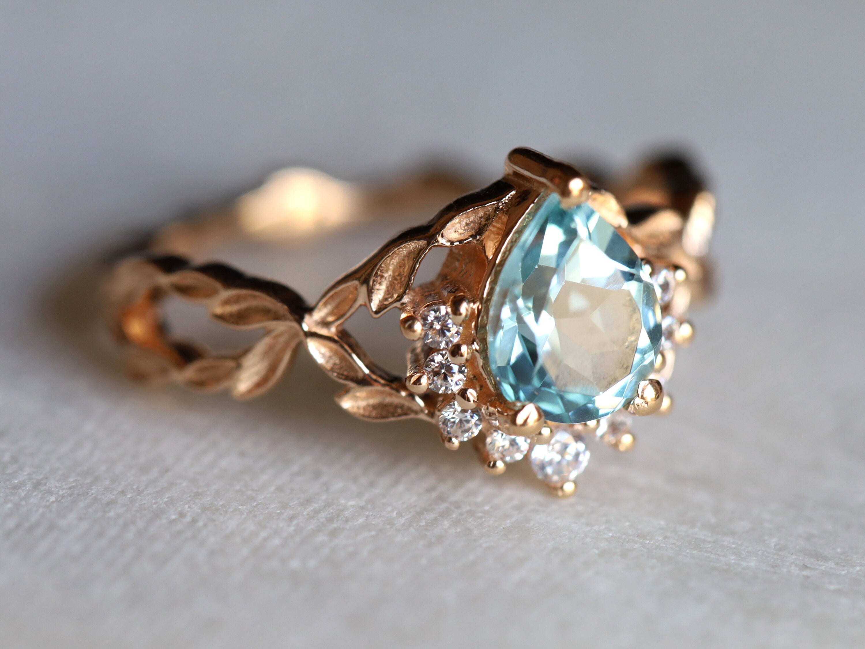 Art Deco Aquamarine Engagement Ring | Twig & Pear Cut Aquamarine Ring -