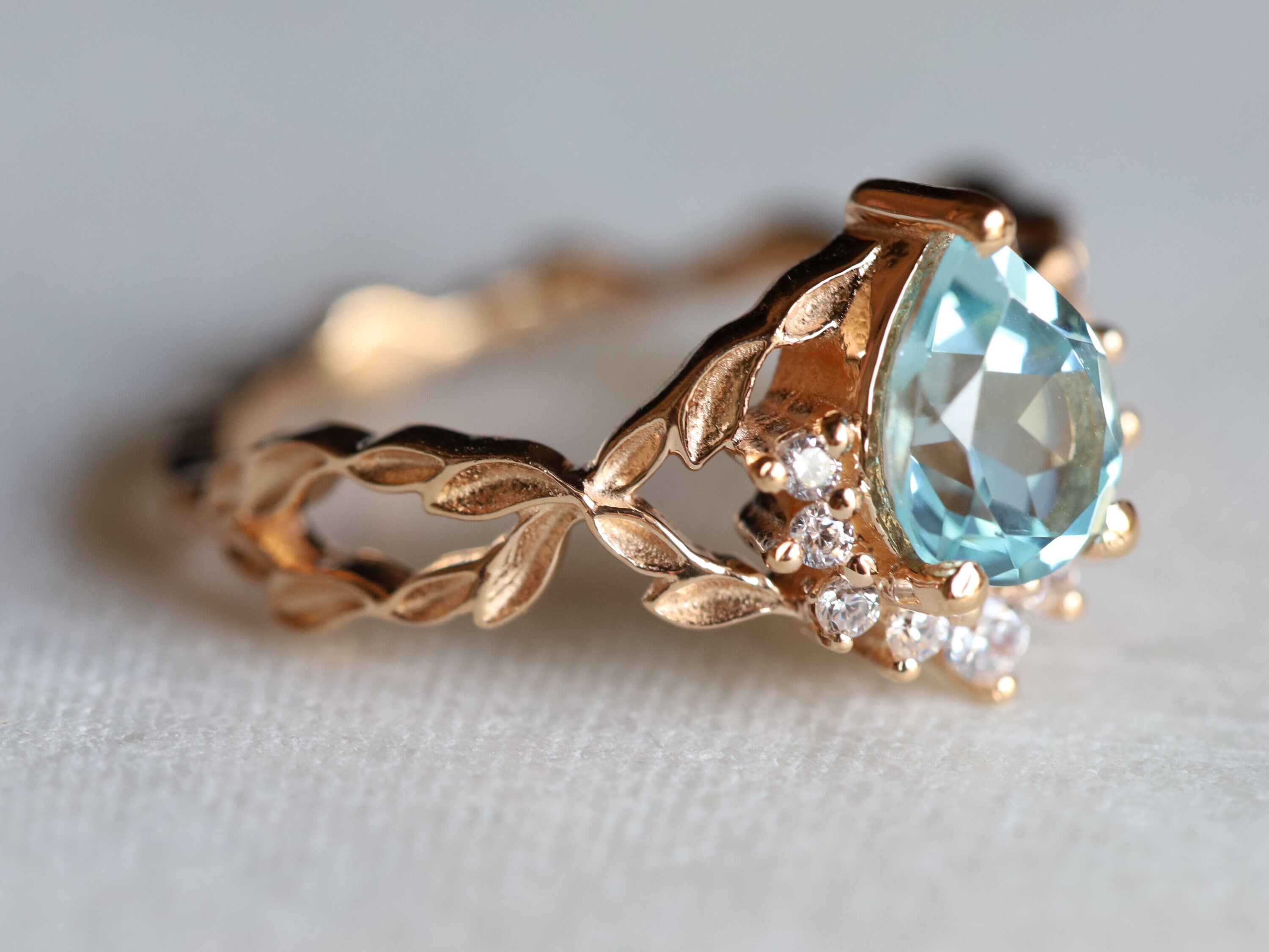 Art Deco Aquamarine Engagement Ring | Twig & Pear Cut Aquamarine Ring -
