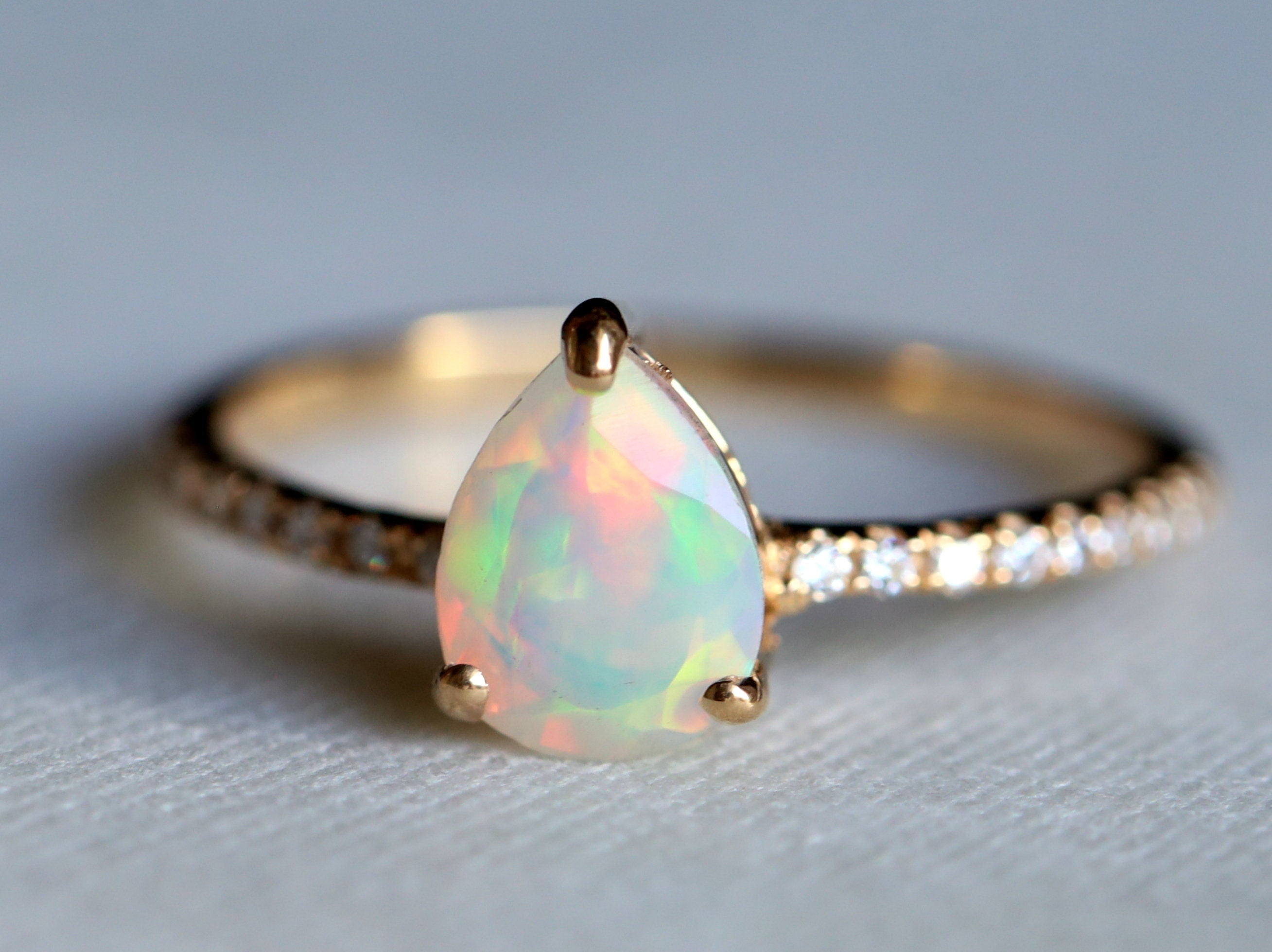 Opal Engagement Ring | Rose Gold Fire Opal Pear Cut Ring | Unique Bridal Anniversary Ring -