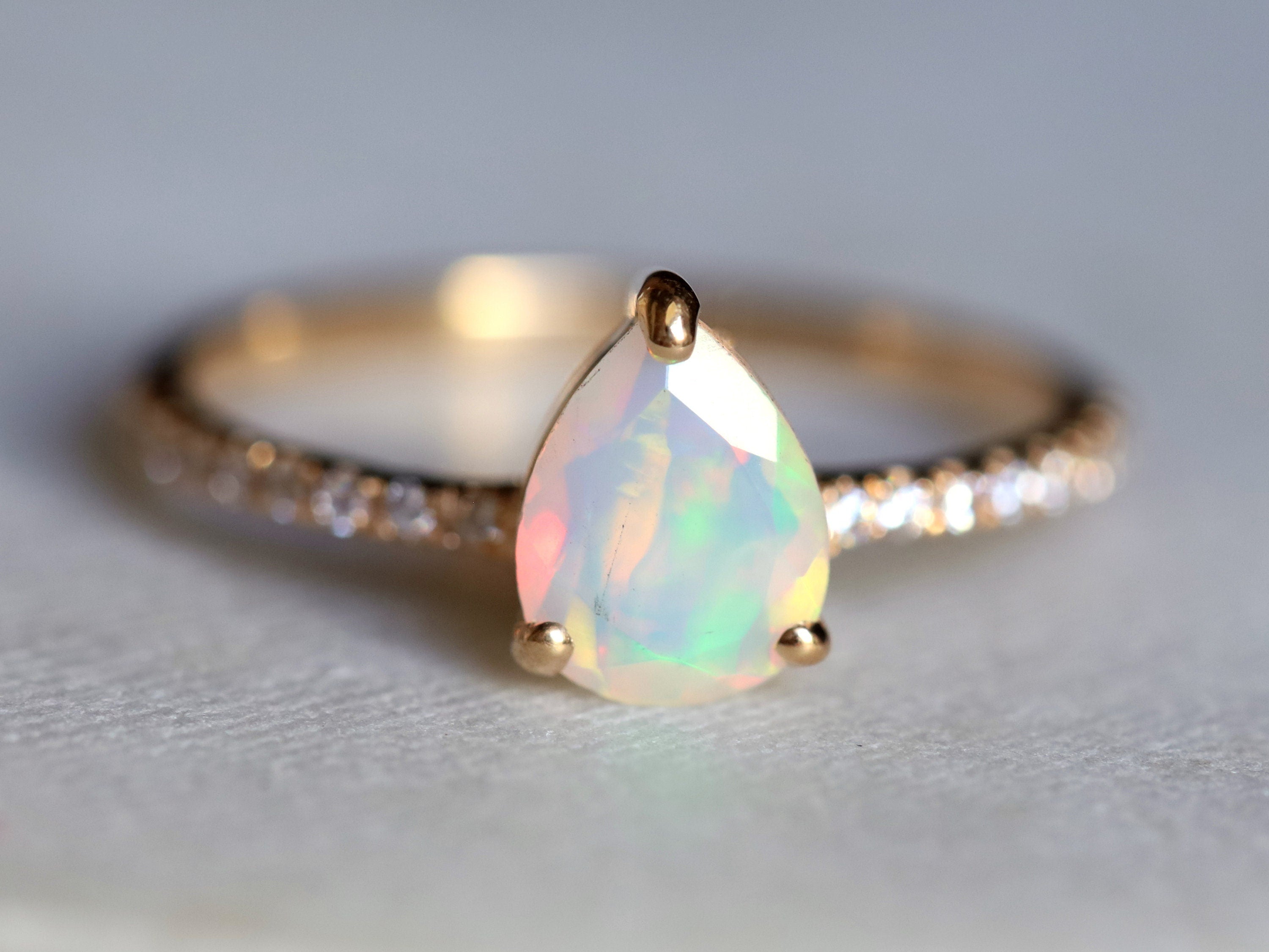 Opal Engagement Ring | Rose Gold Fire Opal Pear Cut Ring | Unique Bridal Anniversary Ring -