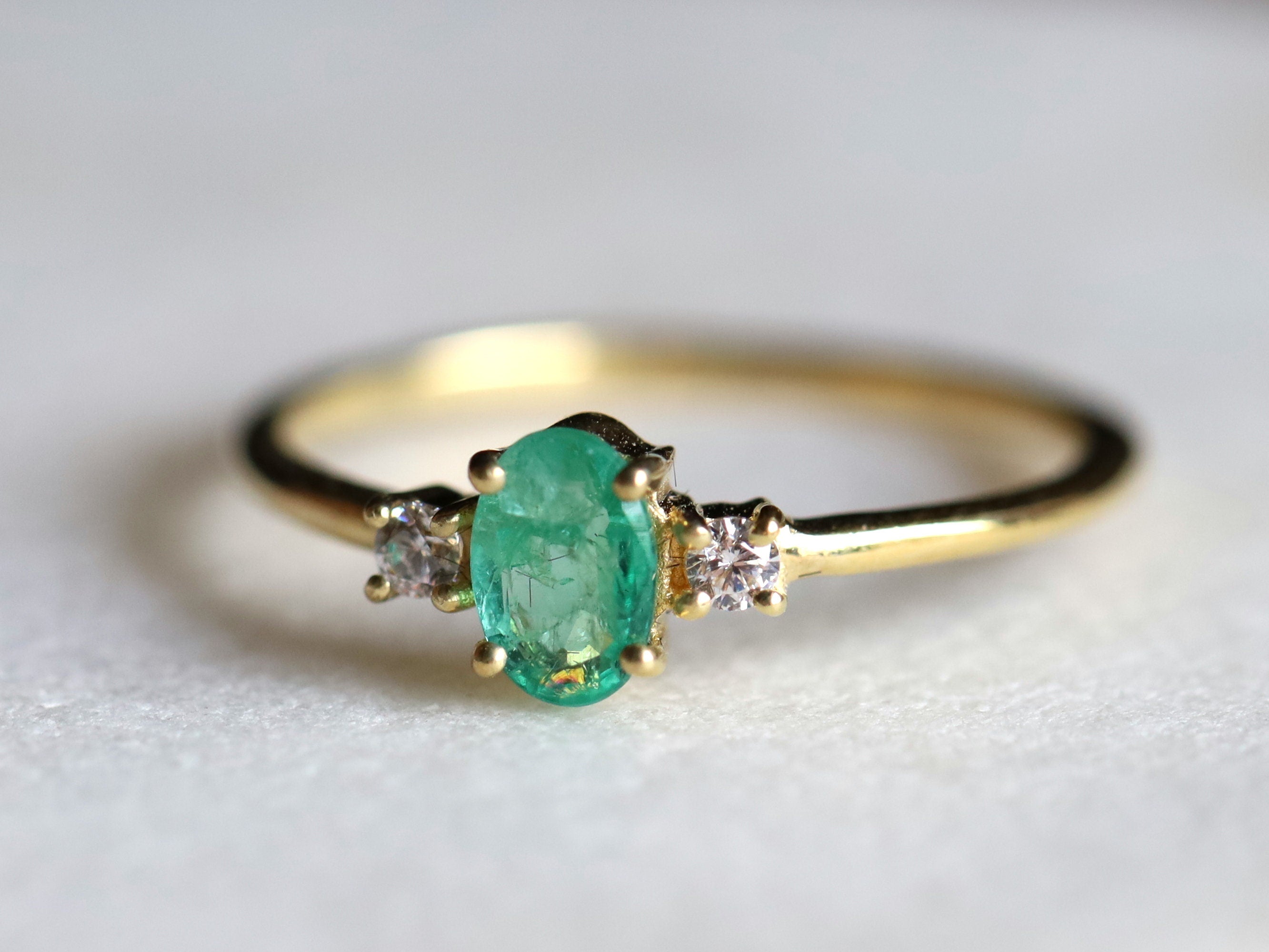 Emerald Stacking Ring | May Birthstone Engagement Ring | Moissanite & Emerald -