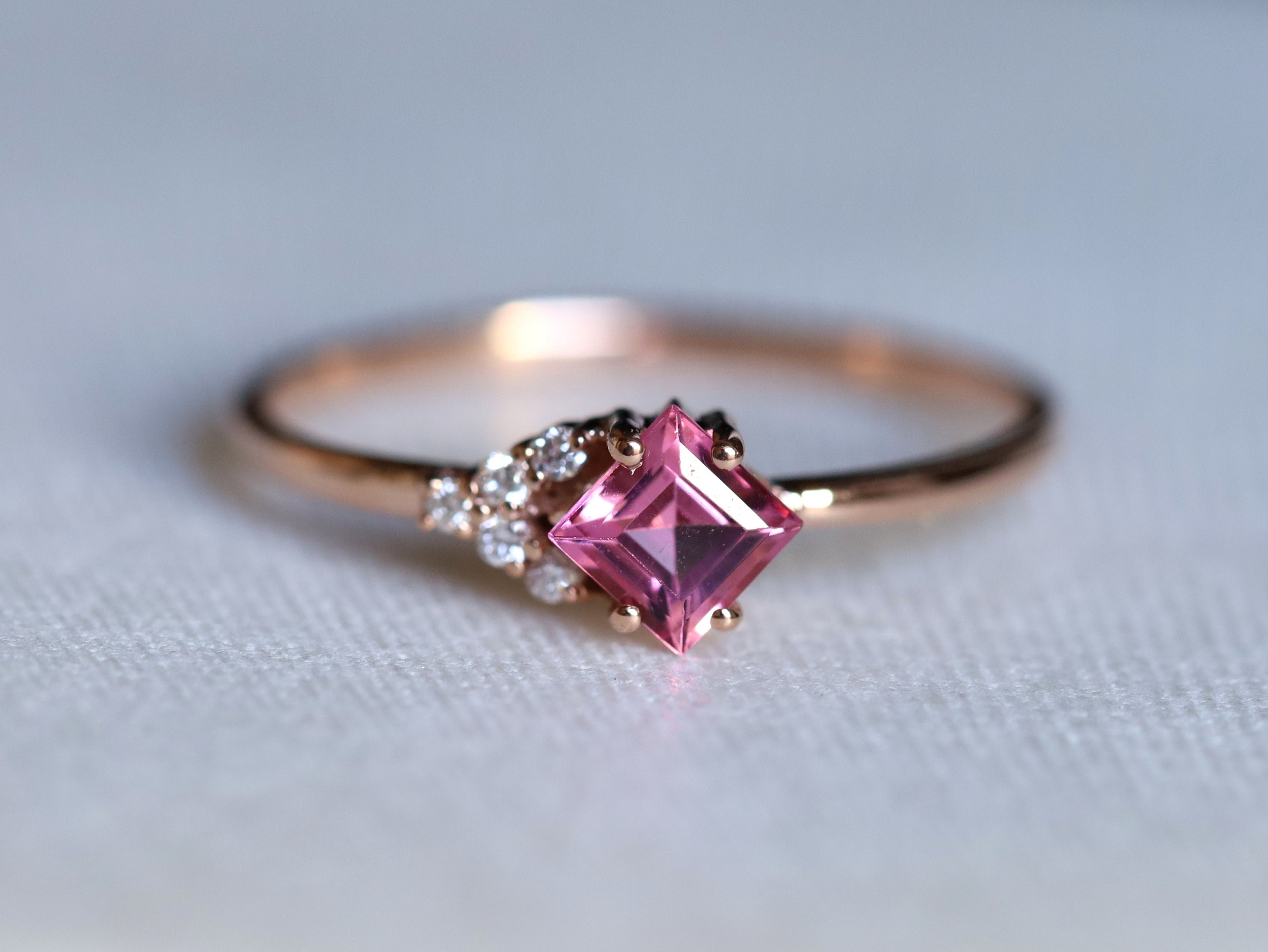 Pink Tourmaline Cluster Engagement Ring | Tourmaline & Diamond -