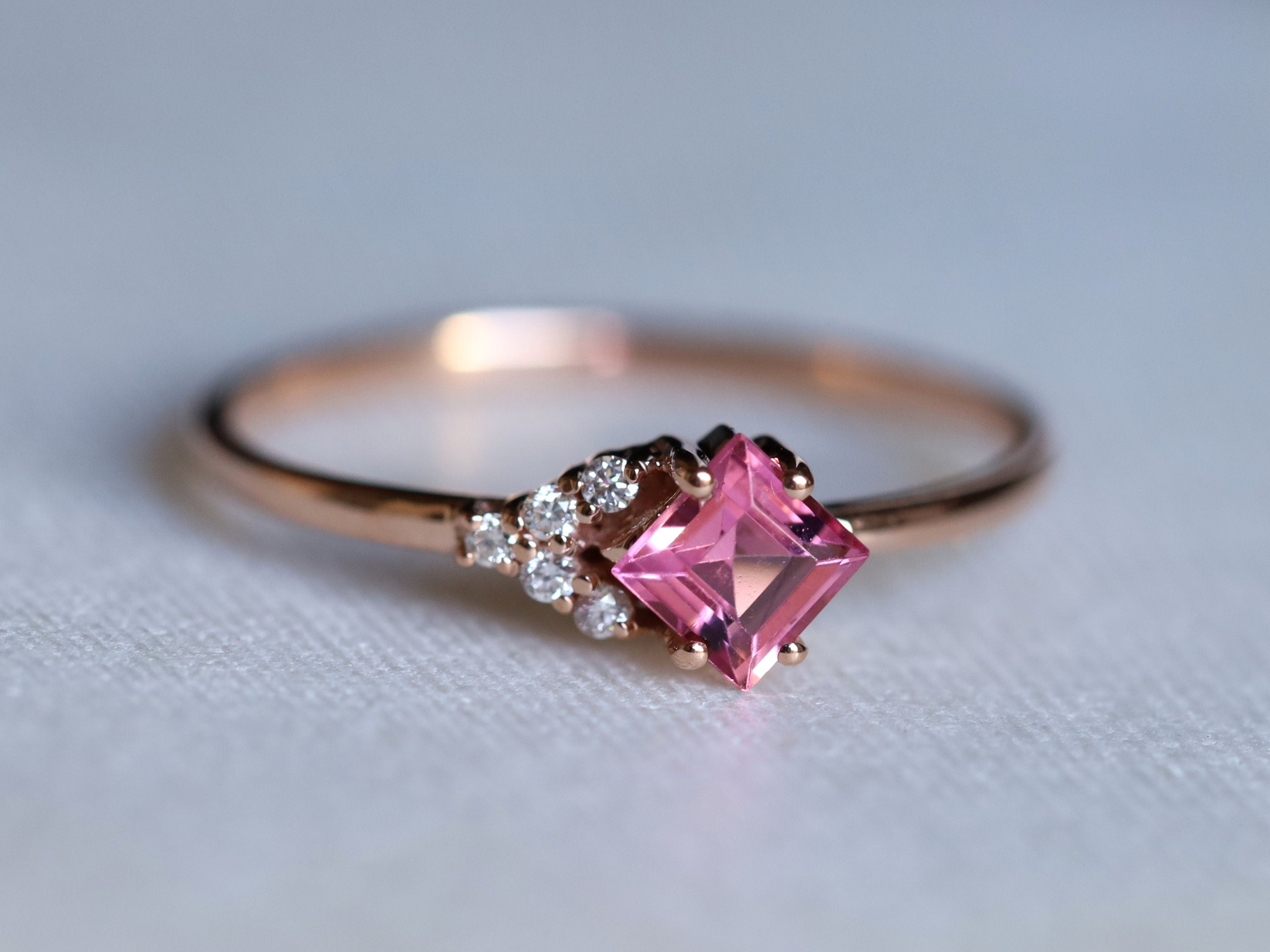 Pink Tourmaline Cluster Engagement Ring | Tourmaline & Diamond -