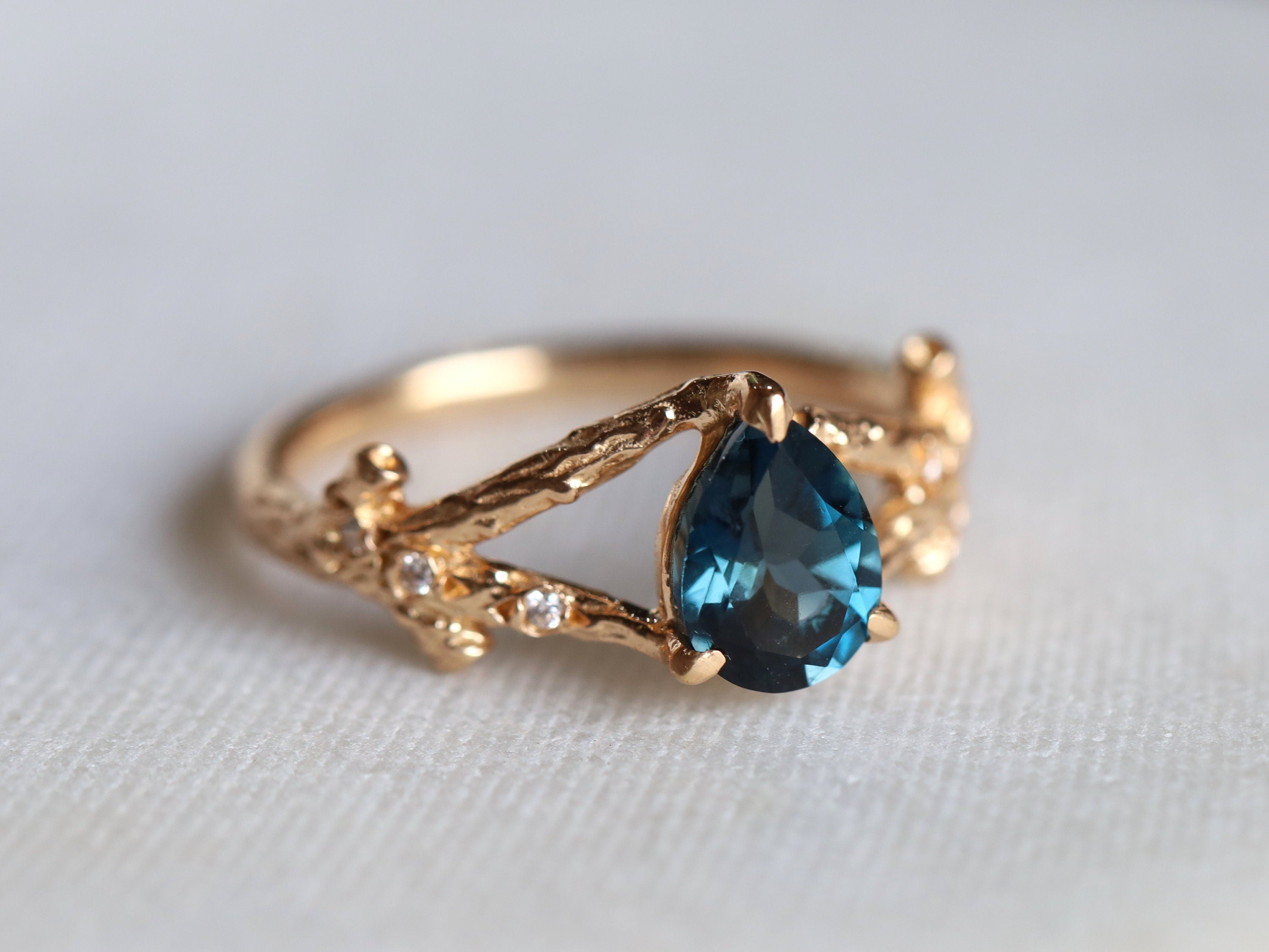 London Blue Topaz Twig Ring | Pear Cut Topaz Engagement Ring | December Birthstone Ring -