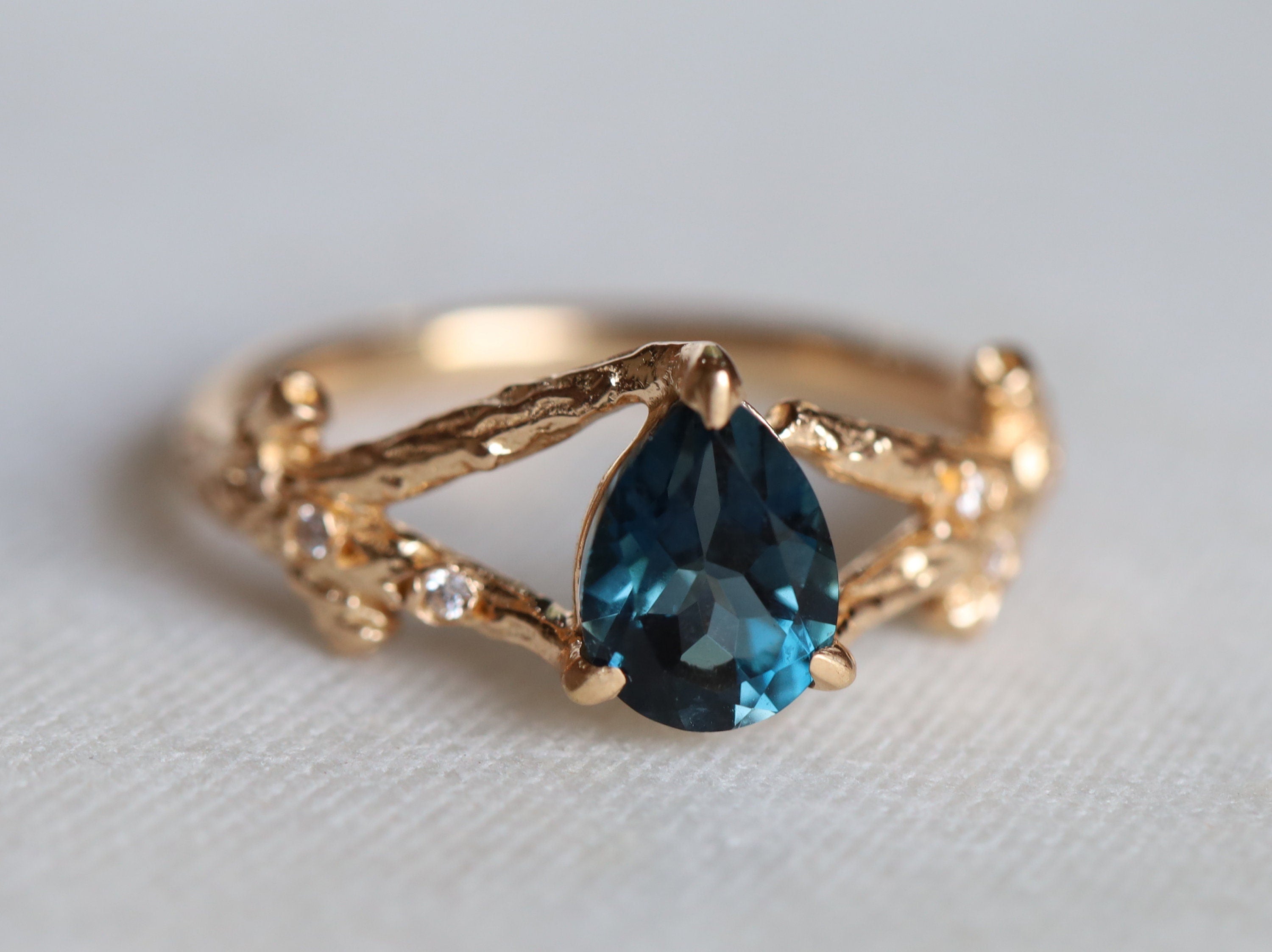 London Blue Topaz Twig Ring | Pear Cut Topaz Engagement Ring | December Birthstone Ring -