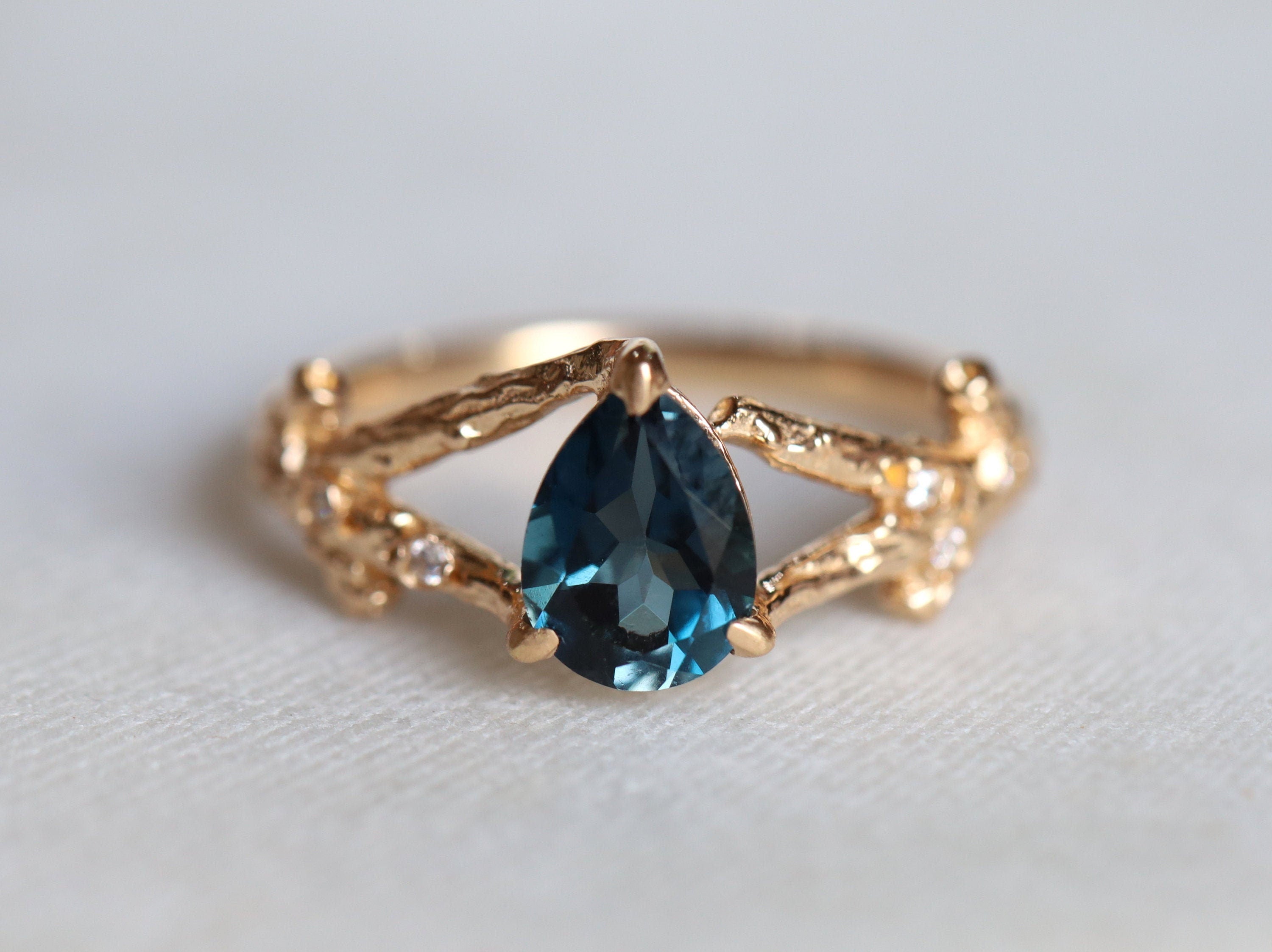 London Blue Topaz Twig Ring | Pear Cut Topaz Engagement Ring | December Birthstone Ring -