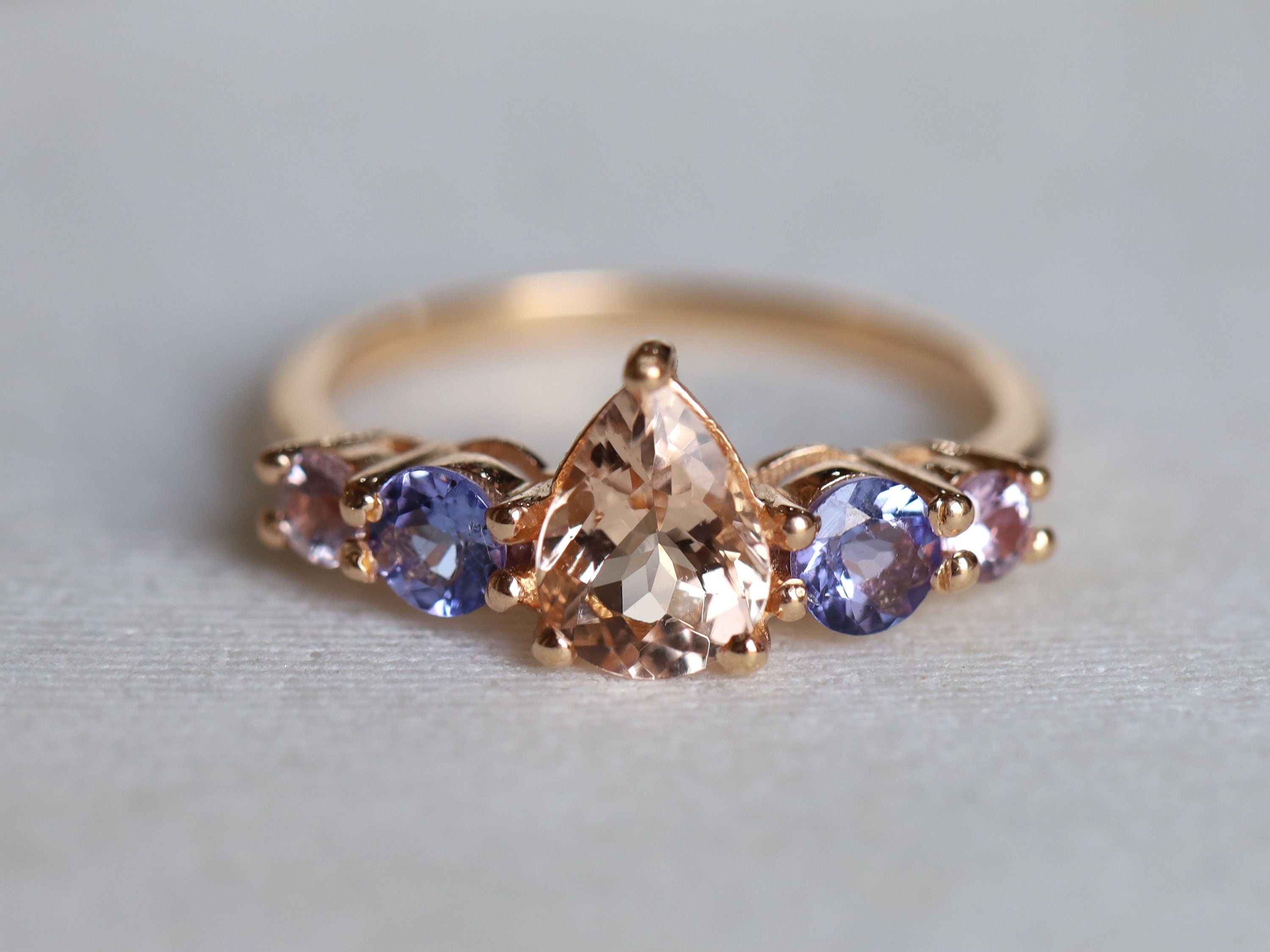 Morganite Engagement Ring | Pink Sapphire Tanzanite Cluster Ring | Five Stone Ring -