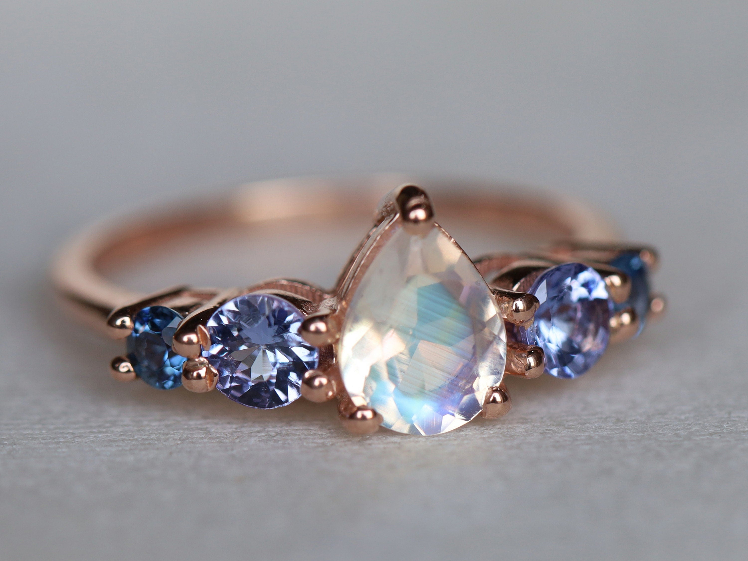 Moonstone Engagement Ring | Rainbow Moonstone & Tanzanite Sapphire Cluster | Five Stone Ring -